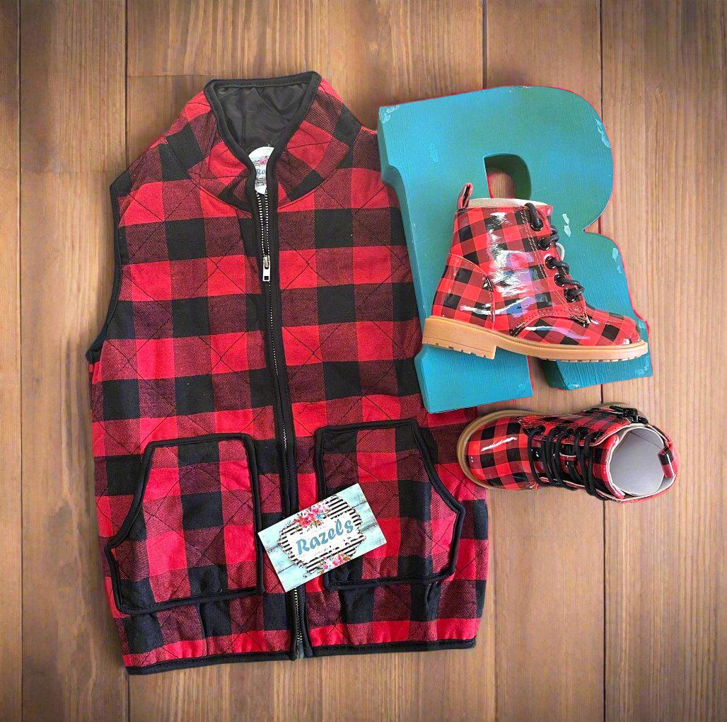kids red and black buffalo check vest. Christmas Season Vest features a quilted design, zipper and two front pockets.