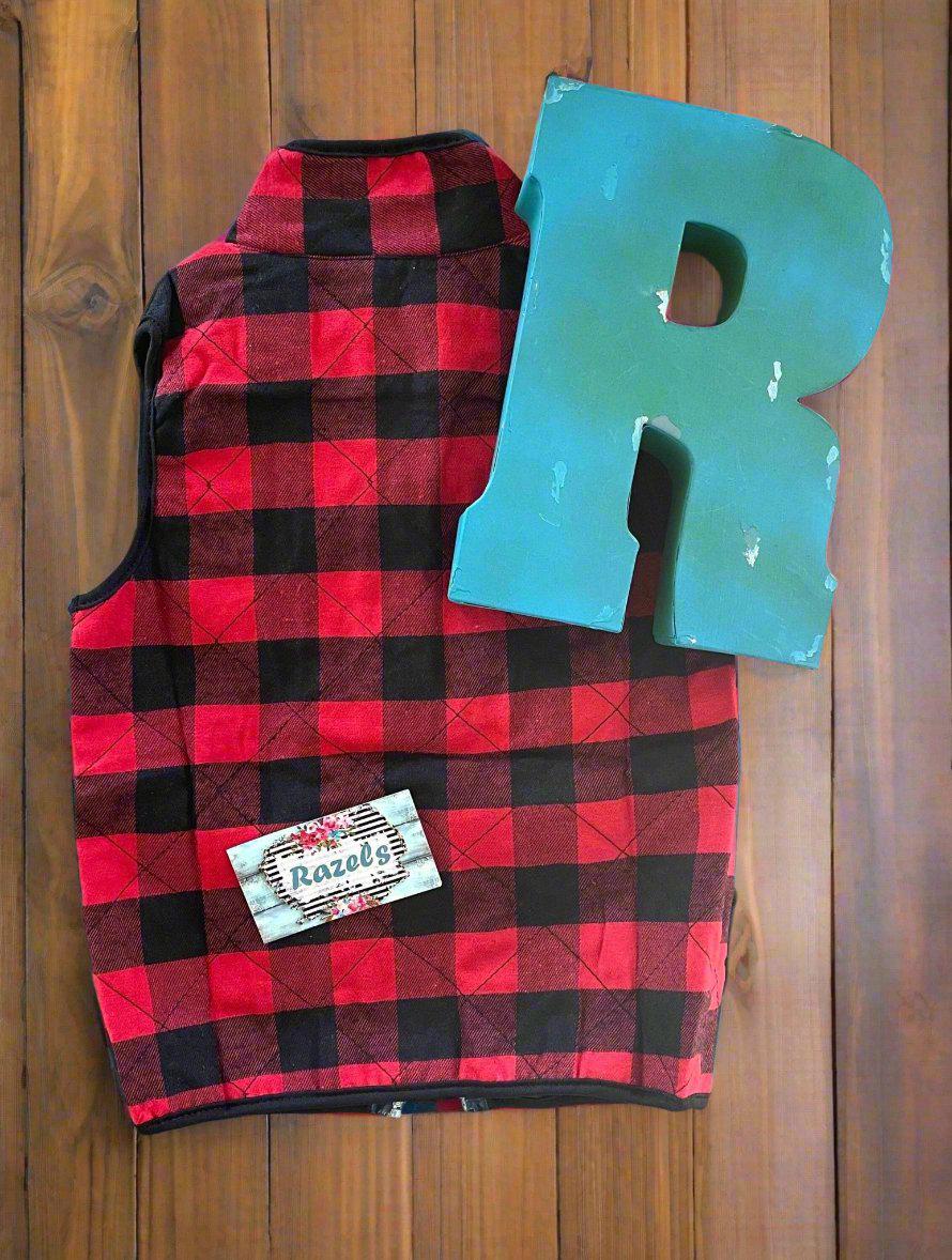 kids red and black buffalo check vest. Christmas Season Vest features a quilted design, zipper and two front pockets.
