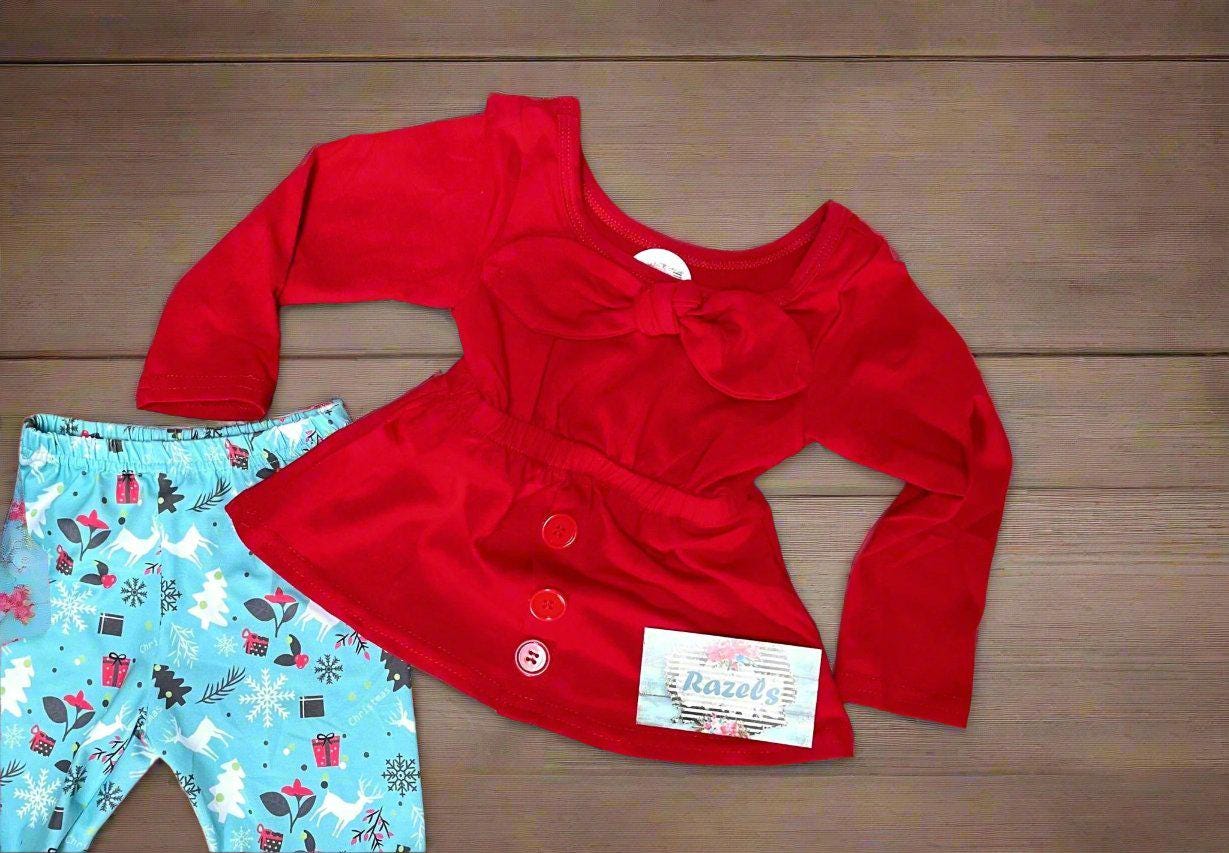 Christmas Boutique Bell Bottom Outfit / BOHO Reindeer Flare Pants, Christmas Red Bow Top -Razels