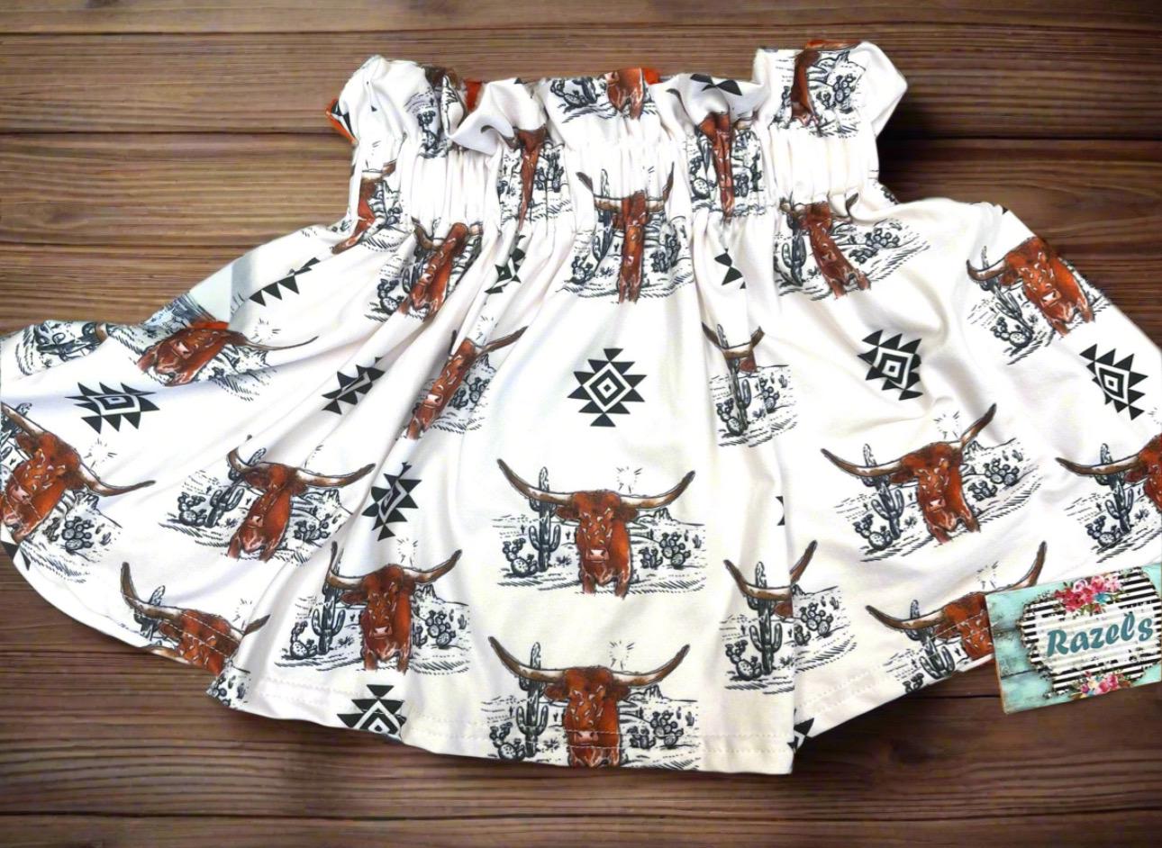 Girls Cowgirl Skirt | Western Longhorn Aztec Print Skirt, Girls Paper Bag Skirt with aztec design and desert scene. Black, white and brown