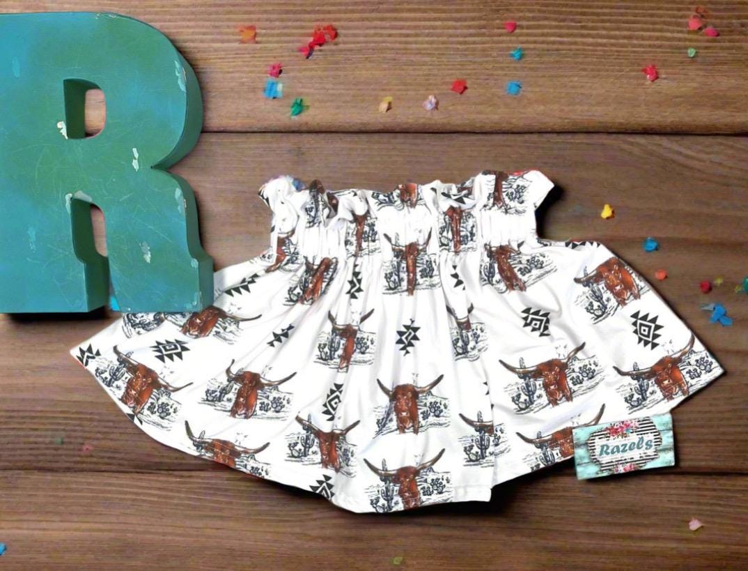 Girls Cowgirl Skirt | Western Longhorn Aztec Print Skirt, Girls Paper Bag Skirt with aztec design and desert scene. Black, white and brown