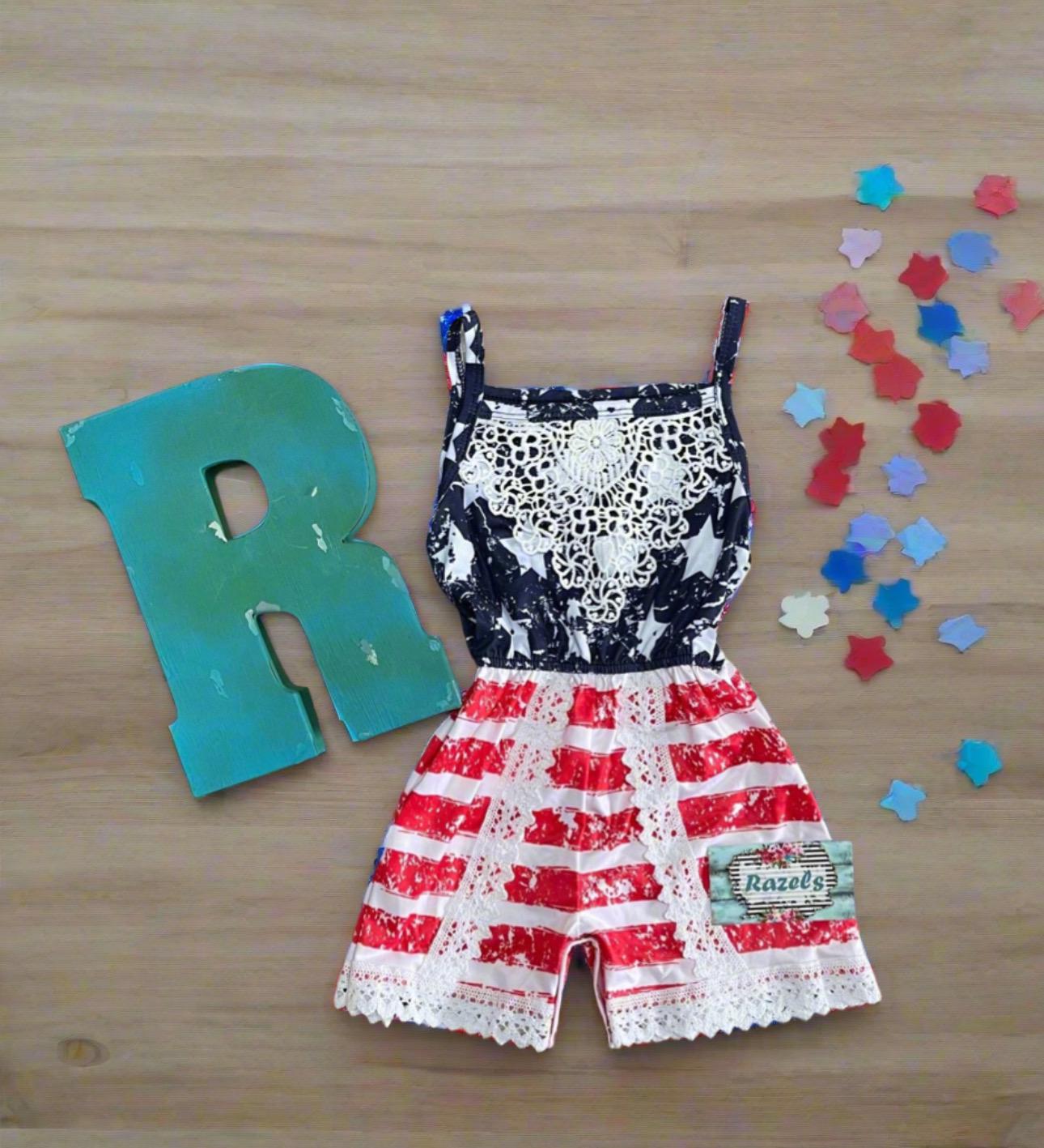 4th of July Girls Romper USA Flag Outfit Patriotic American Flag Jumpsuit Toddler Kids Summer Clothes -Razels