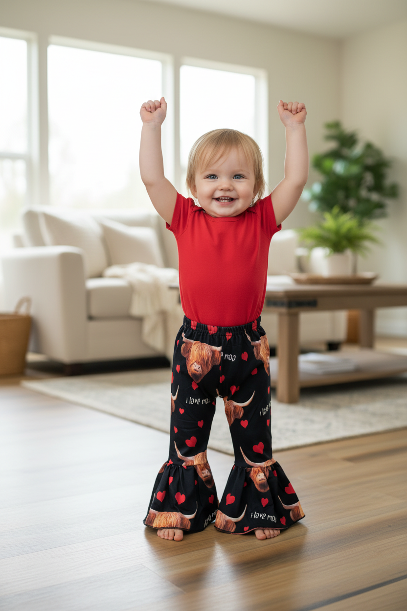 Highland Cow Bell Bottom Kids Pants – Valentine's Day Flared Leg