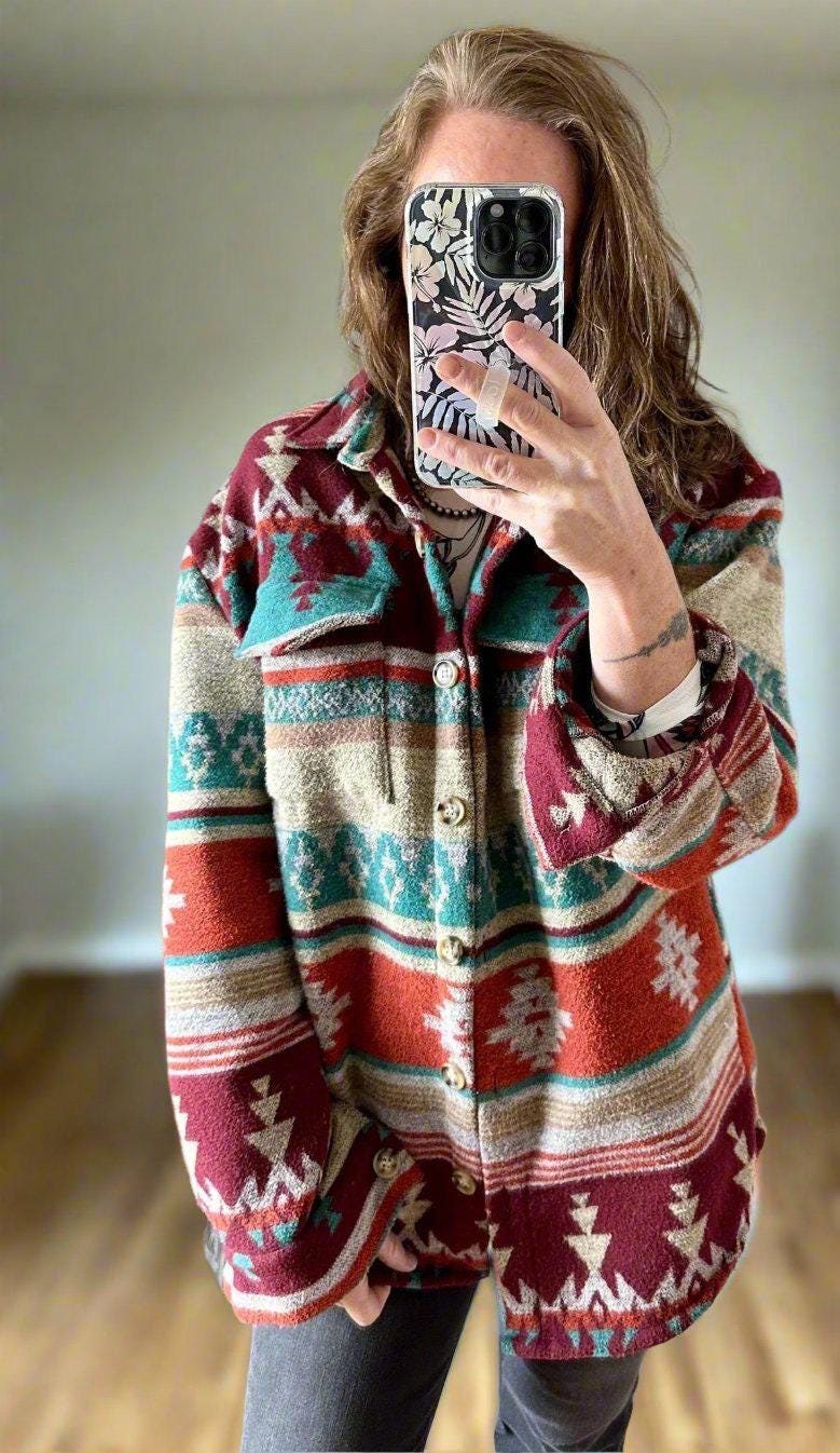 Women's Boho Shacket - Western Aztec Brushed Flannel Overshirt: A stylish and cozy layering piece, this shacket features a bold Aztec print and brushed flannel fabric. Perfect as an overshirt or jacket, combining warmth, comfort Western boho vibes.