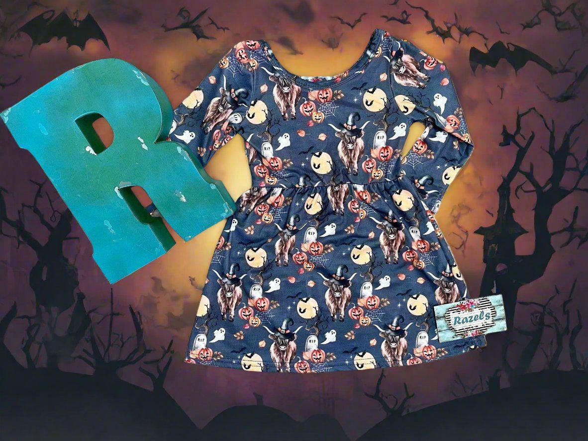 Highland Cow HALLOWEEN Dress | Western Halloween long sleeve dress for girls This Halloween Dress features Highland cows, bats, graves stones, pumpkins, the moon and more. Perfect all Fall Long