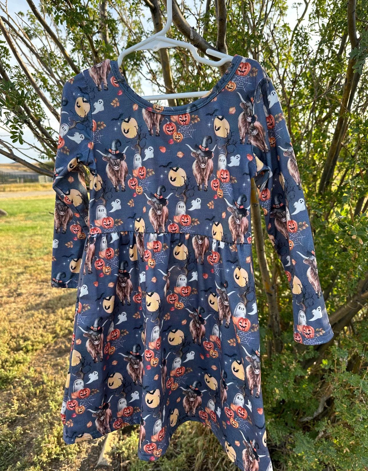 Highland Cow HALLOWEEN Dress: Western long-sleeve dress for girls featuring Highland cows in witches hats, bats, RIP graves stones, pumpkins, the full moon, spiderwebs, and more. Perfect all Fall.