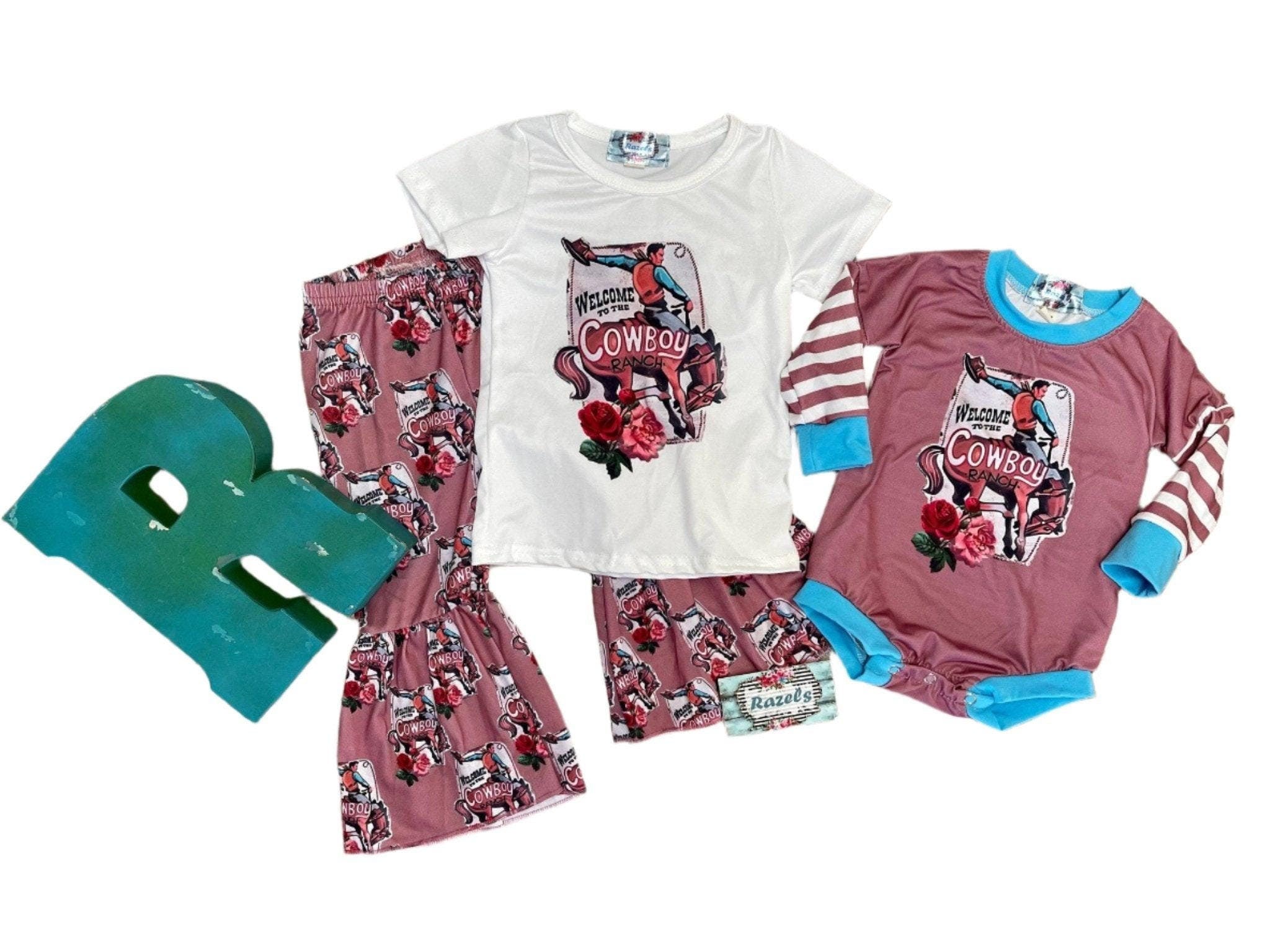 Get ready to welcome the Cowboy Ranch in style with these adorable Matching Sister Outfits! 🤠 Featuring a Cowgirl Bell Bottom Outfit and a coordinating one-piece, this set is perfect for siblings who want to share the Western love. Ships FREE $35+