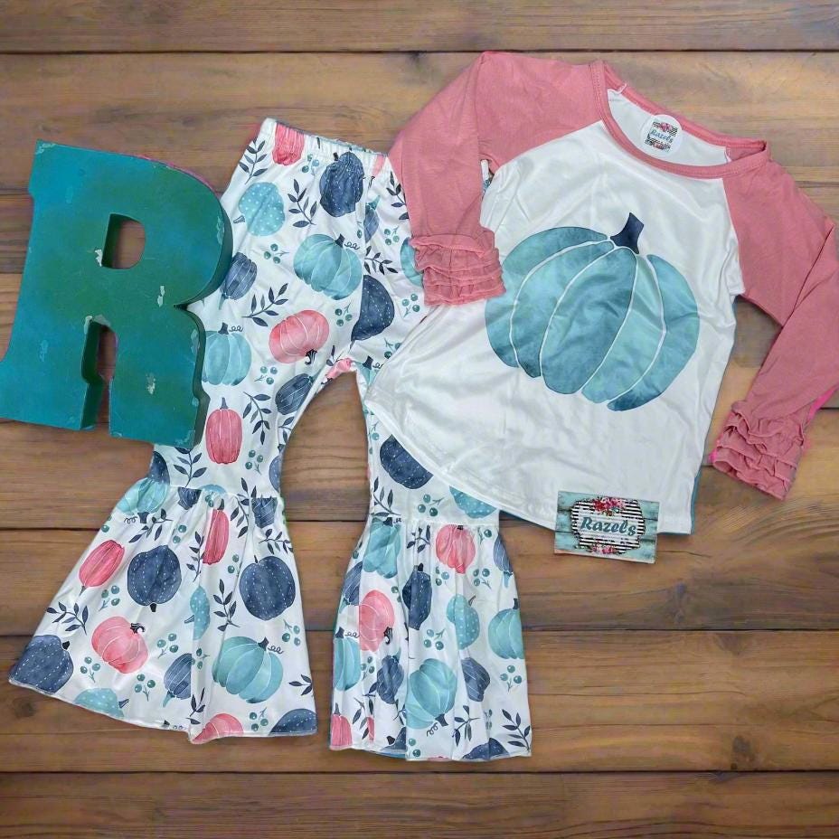 Girls 3t Pumpkin Outfit, Pink and Turquoise Pumpkin Bell Bottoms and Ruffle Sleeve Pumpkin Shirt, FALL Baseball Tee