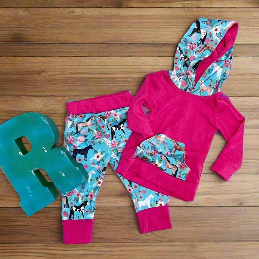 Baby Girl Horse Outfit: Hot Pink Hoodie & Jogger Set -Razels