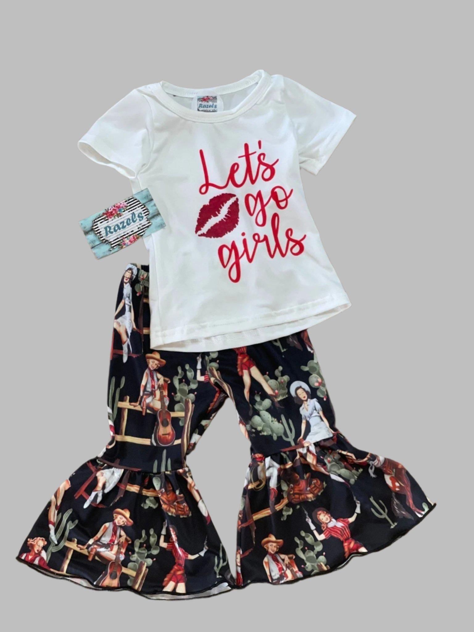 Let’s Go Girls Bell Bottom Outfit or Short Set – A Fun and Stylish Look for Little Cowgirls! 🤠😍
Get your little cowgirl ready for any occasion with this adorable Let’s Go Girls t-shirt and vintage cowgirl bell bottom pants or short set