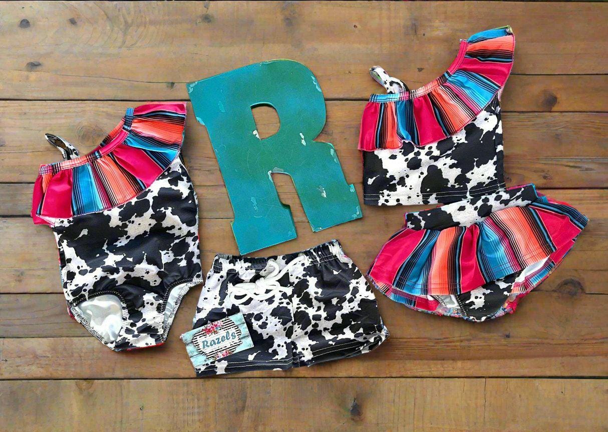 Cow Print Swimsuit Matching Western Swimwear – Cowboy & Cowgirl Serape Swim Trunks, Girls' 1-Piece & Tankini