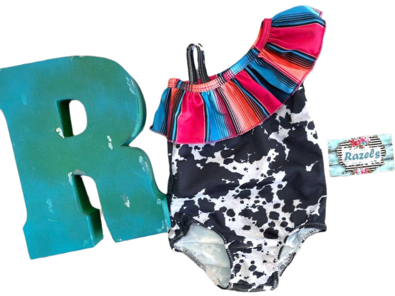 Cow Print Swimsuit Matching Western Swimwear – Cowboy & Cowgirl Serape Swim Trunks, Girls' 1-Piece & Tankini
