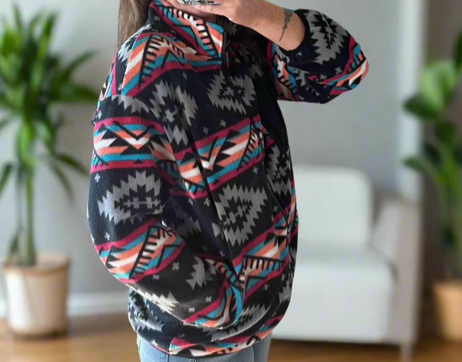 Western Fleece Jacket, Aztec Fleece Jacket, Spring Fleece Jacket, Western Zip Up features a vibrant Aztec print in black, grey, hot pink, orange, and turquoise pattern. With a convenient zip-up design, this jacket is perfect for all seasons.