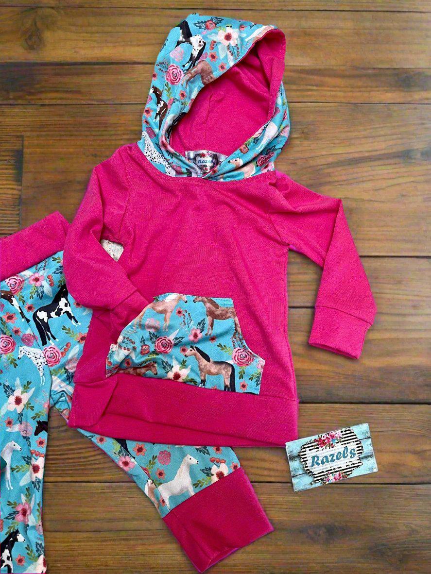 Baby Girl Horse Outfit: Hot Pink Hoodie & Jogger Set -Razels
