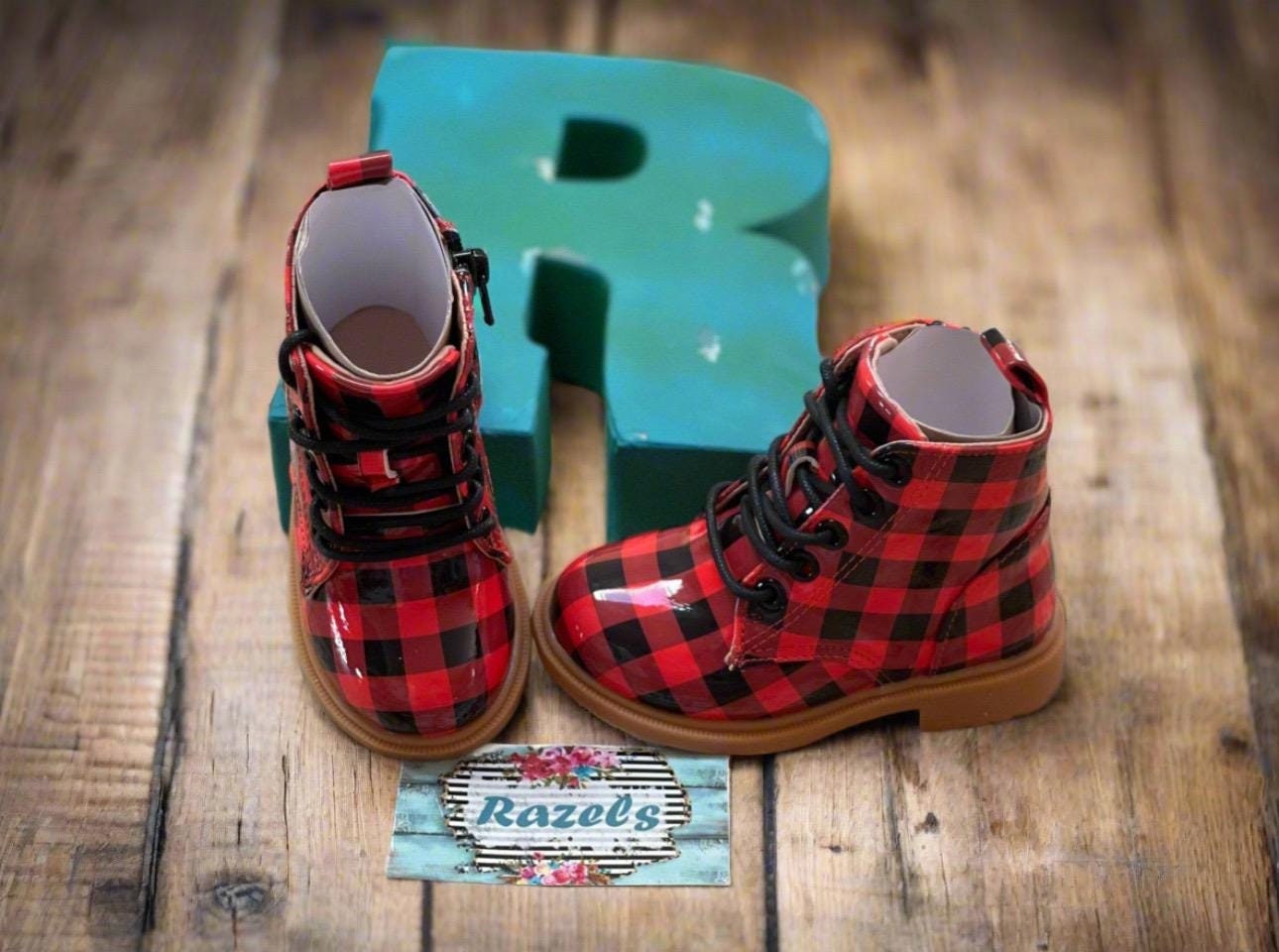 Buffalo Plaid Boots Kids Red & Black Checkered Ankle Boots Cozy Winter Footwear -Razels