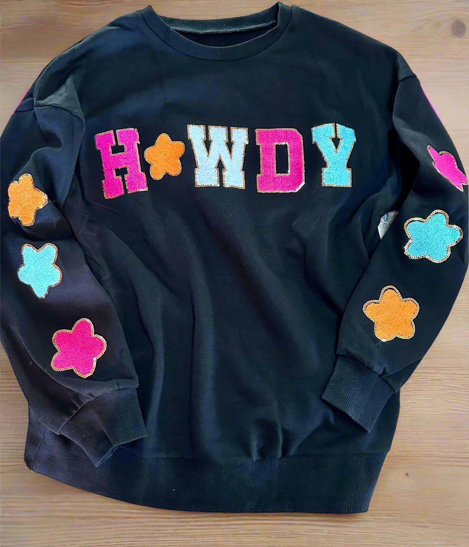 Howdy Sweatshirt – Glitter Patch Cowgirl Sweatshirt for Western Vibes! Add some sparkle to your casual wardrobe with our Howdy Sweatshirt. This women’s Western sweatshirt features a dazzling glitter patch “Howdy” design with matching stars!