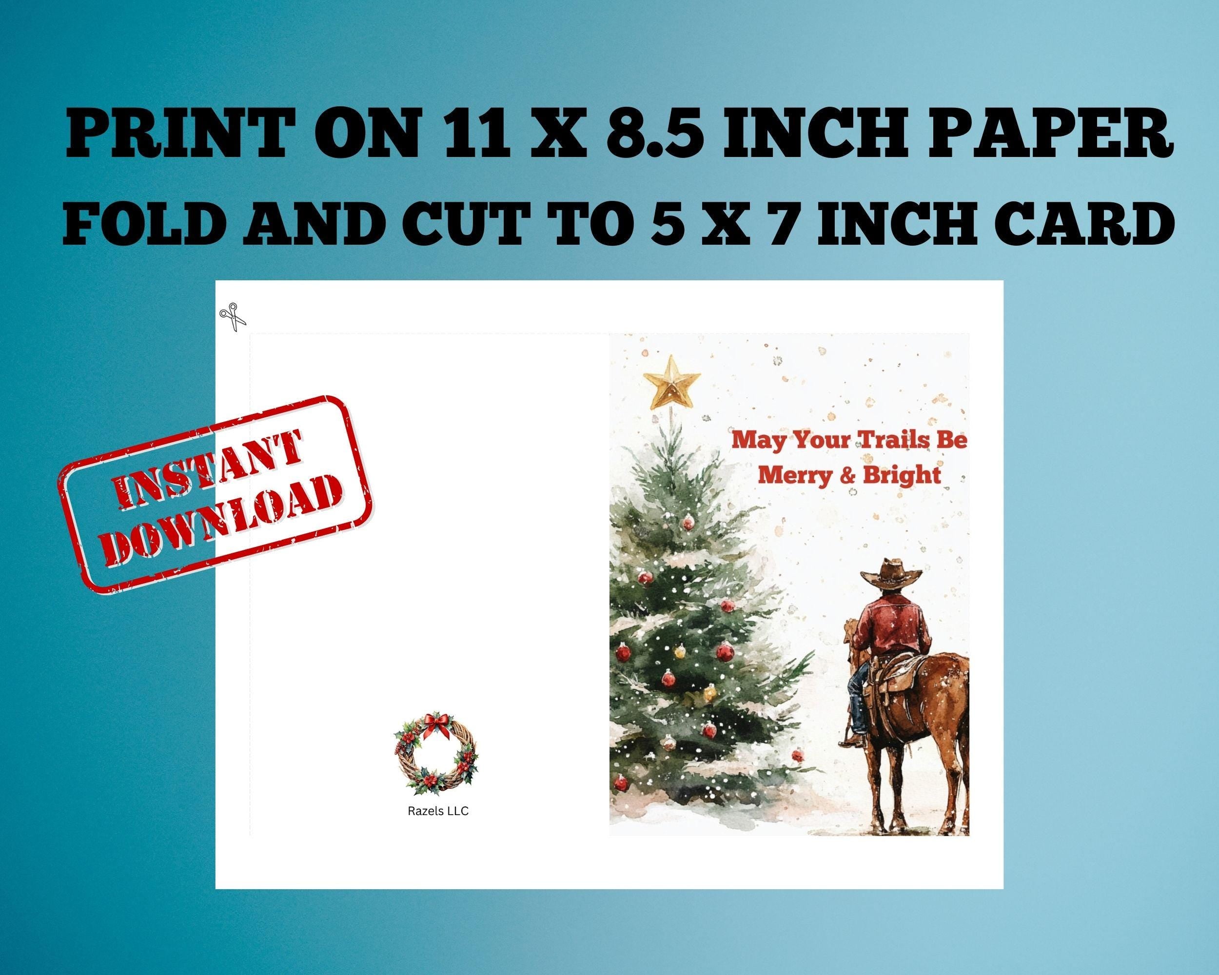 Download "May Your Trails Be Merry & Bright," a charming Western-Christmas card featuring a beloved cowboy and a festive Christmas tree topped with a star. This instant download is perfect for sharing warm holiday sentiments with Western Charm.