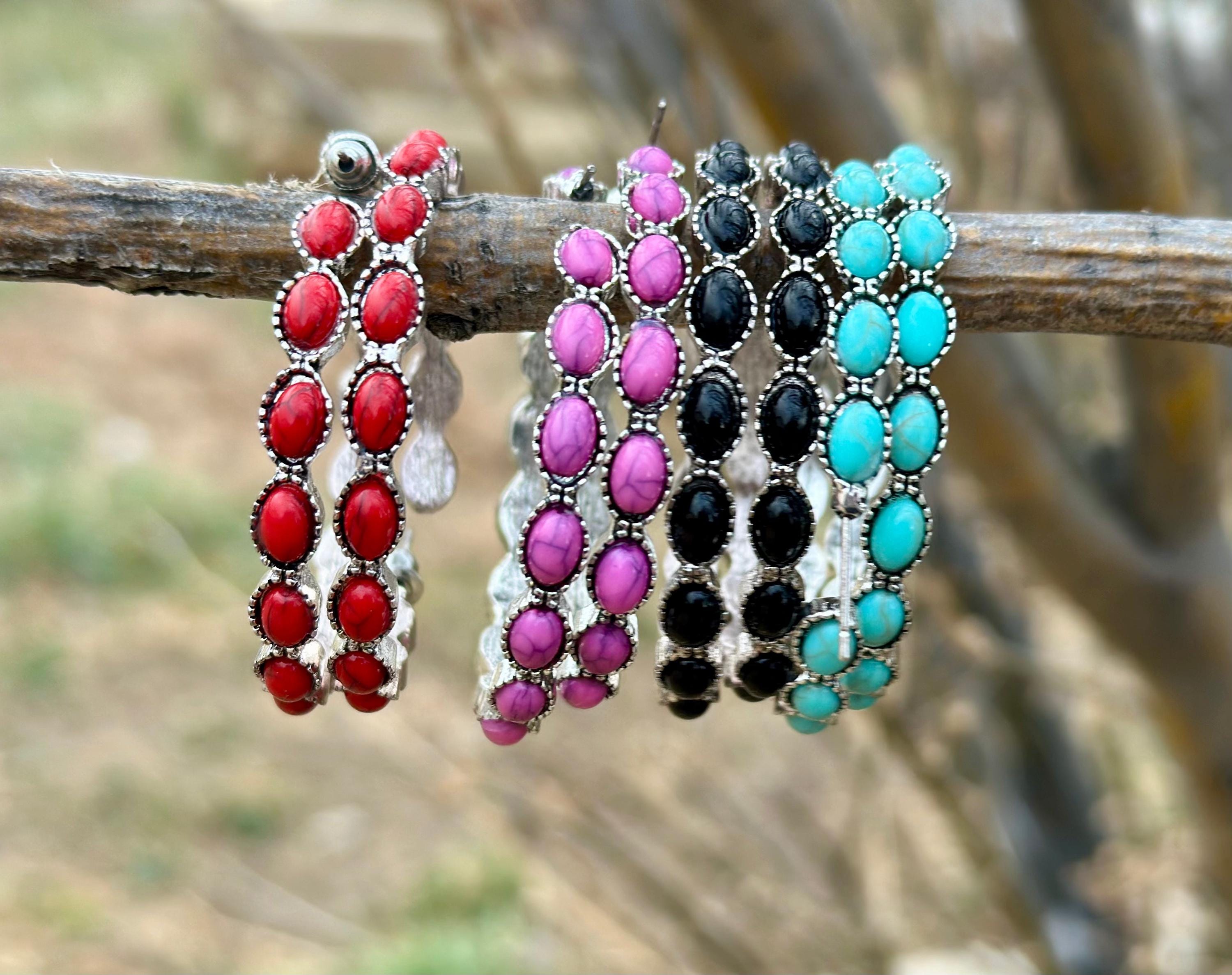 Black Hoop Earrings 🖤 feature a stylish C-shape design, crafted from premium metals with a burnished silver finish. Large hoops are 1.8 inches round and are also available in turquoise, red, and pink! Earrings ship FREE with $35+ purchase