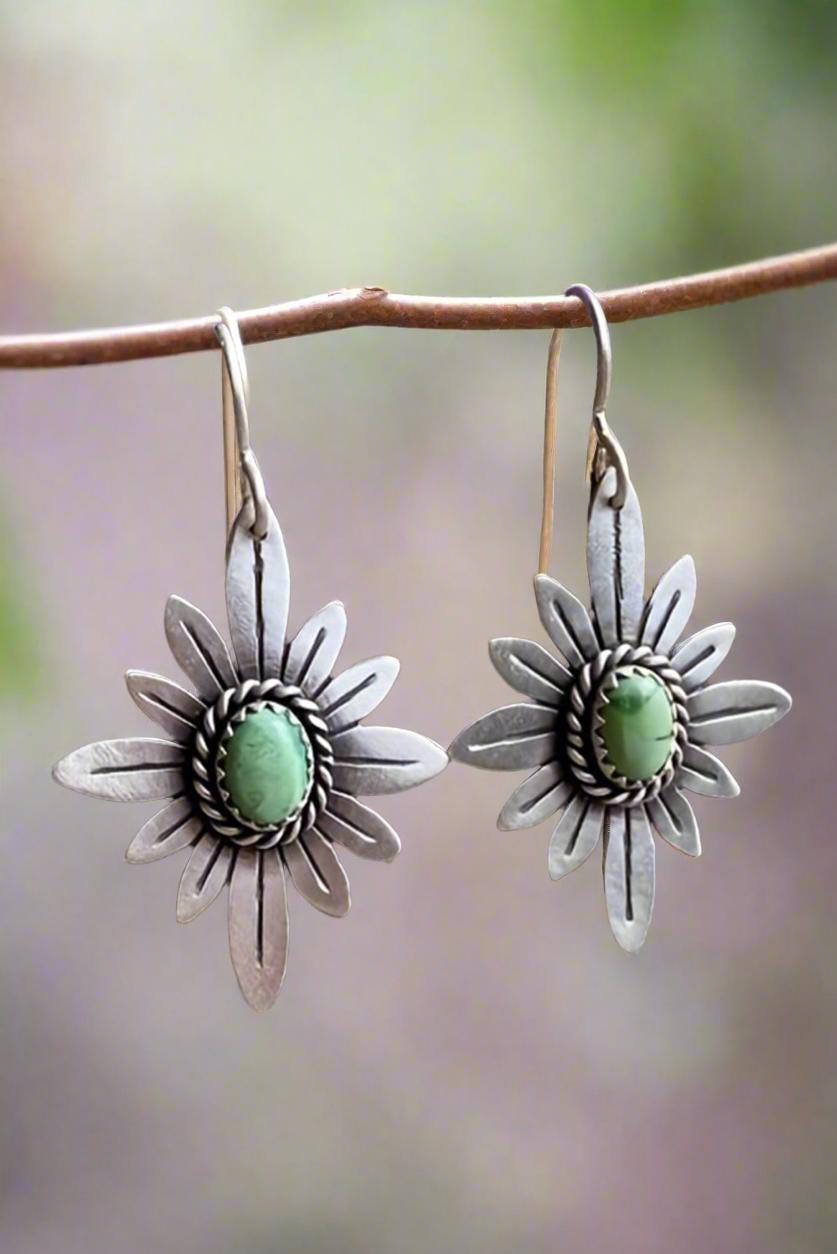 Light Green Earrings | WESTERN FLOWER Earrings | Western Dangle Earrings | Stamped Silver Earring | Cowgirl Earrings Featuring a delicate stamped silver floral design with a light green center stone. Ships FREE with $35+ purchase. Great Western Gift!