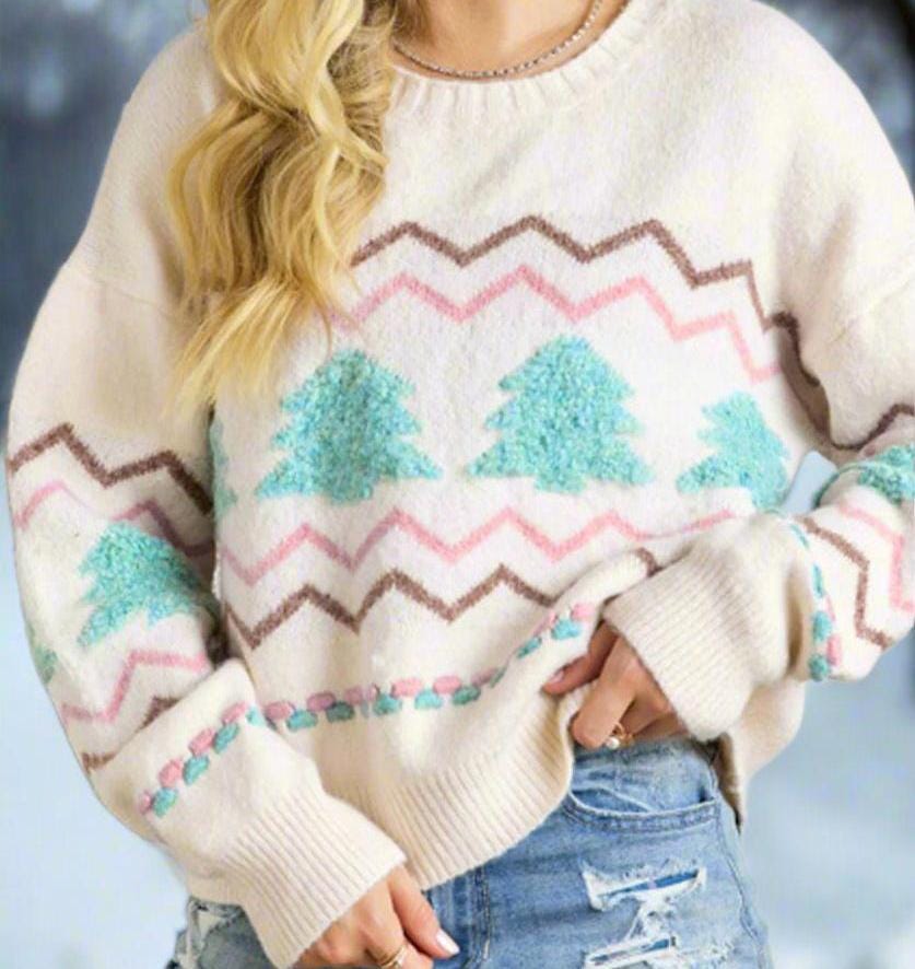 Fuzzy Tree Winter Sweater – Cozy Holiday Pullover with Drop Shoulders, Women's winter White Sweater, -Razels
