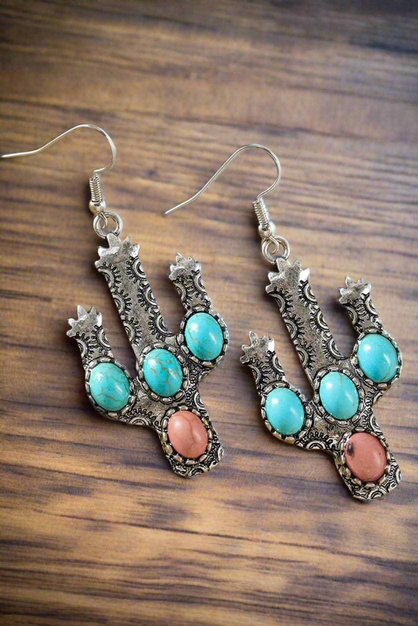 Western Cactus Earrings, featuring turquoise and coral stone accents. Lightweight and comfy these Cactus Earrings are perfect for daily wear or special occasions. Shop Razels—FREE shipping on $35+ orders! 🌵✨