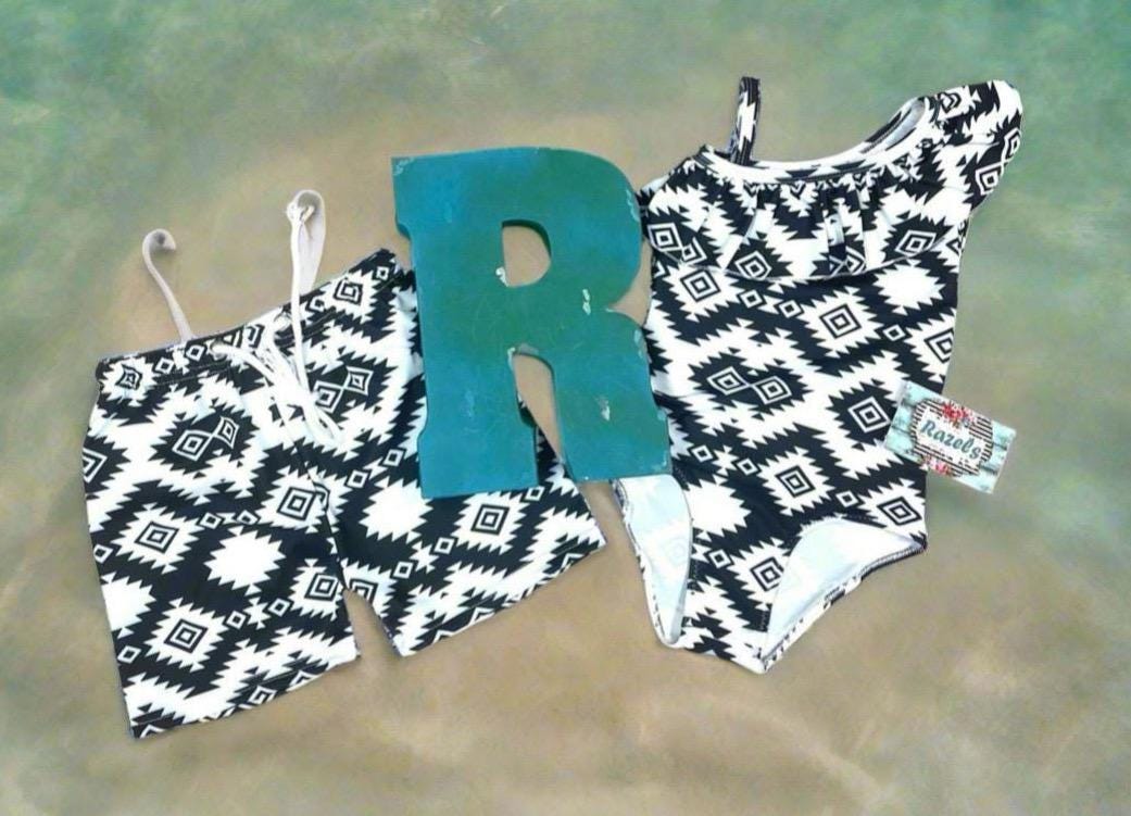 Matching Western Swimsuits for Kids 🖤🤍 Western Black and White Swimsuits, Boys Swim Trunks, Girls One Piece Swim
How fabulous are these matching swimsuits for your little cowboys and cowgirls?! Western sibling swimsuits have never been cuter! Featuring a stunning black and white Aztec/geometric pattern, these swimsuits come in your choice of:
✔️ Boys Trunks (can double as day shorts!)
✔️ Girls' One-Piece Swimsuit
SHIPS FREE FROM MONTANA WITH $35+ PURCHASE