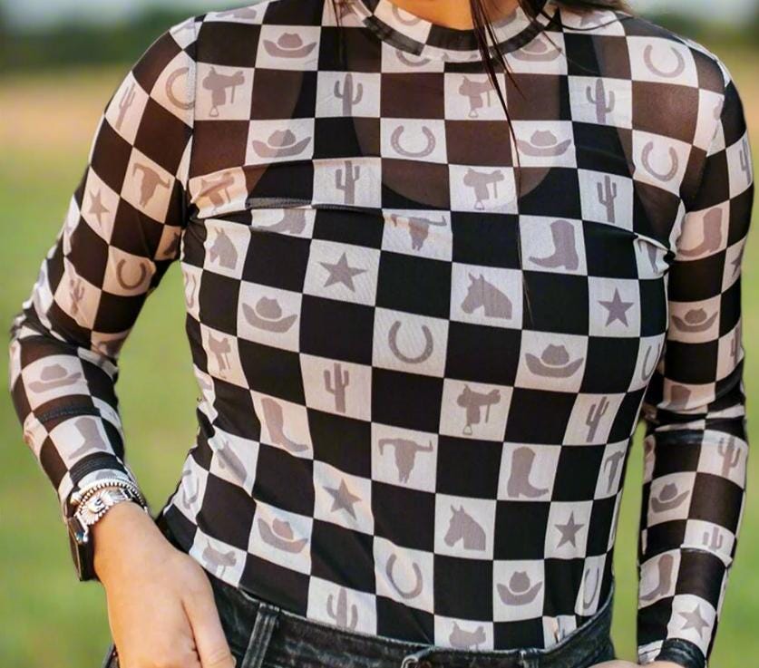 Western MOTIF SHIRT | SHEER Checkerboard TOP | LAYERING TOP | BODYCON | COWGIRL SHIRT
Unleash your inner cowgirl with a bold, modern twist! This Western Motif Shirt is the perfect blend of classic Western charm and edgy contemporary style.
â Lightweight & Breathable â
â Western Checkerboard Print â
â Perfect for Layering â
â Bodycon Fit
SHIPS FREE WITH $35+ PURCHASE FROM MONTANA