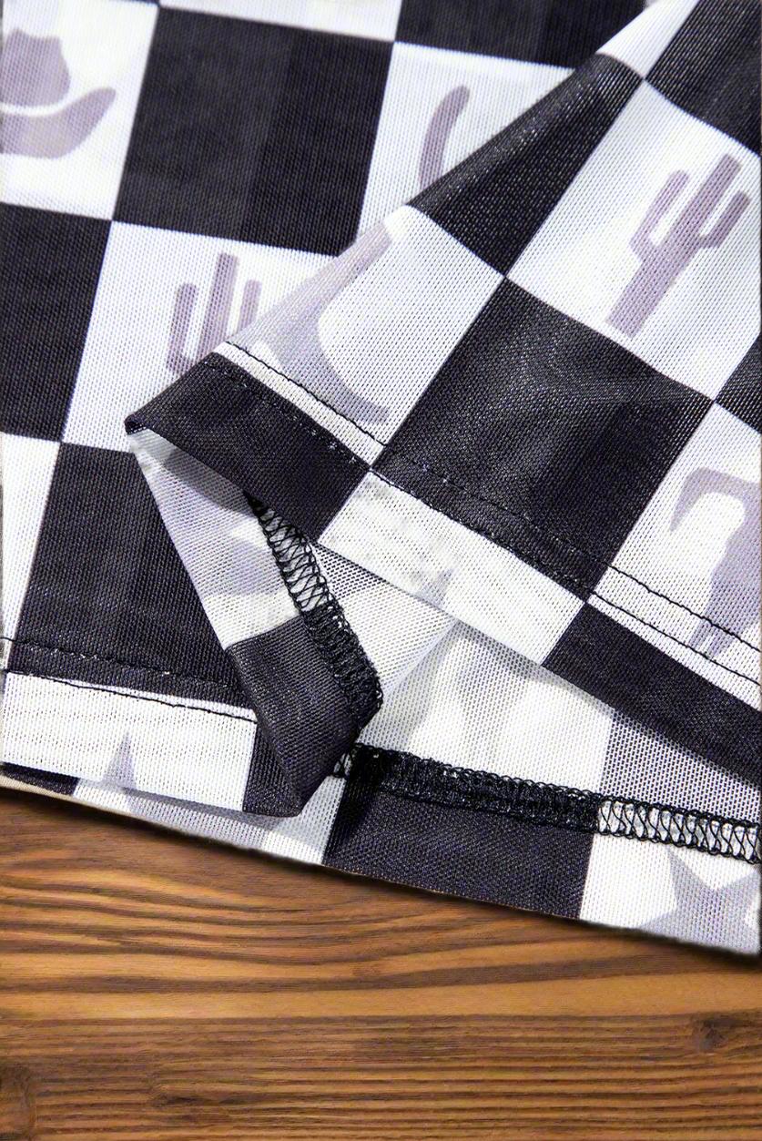 Western Mesh Shirt | Cowgirl Shirt | Women's Sheer Western Layering Top. Unleash your inner cowgirl with a bold, modern twist! This Western Mesh Shirt blends classic Western fashion with edgy, contemporary style. Designed for layering, this long-sleeve sheer top features a striking Checkerboard print intertwined with iconic Western motifs—cowboy hats, horses, cacti, saddles, horseshoes, stars, boots, steer heads, and more. Talk about a statement cowgirl shirt!
SHIPS FREE with any $35+ purcha