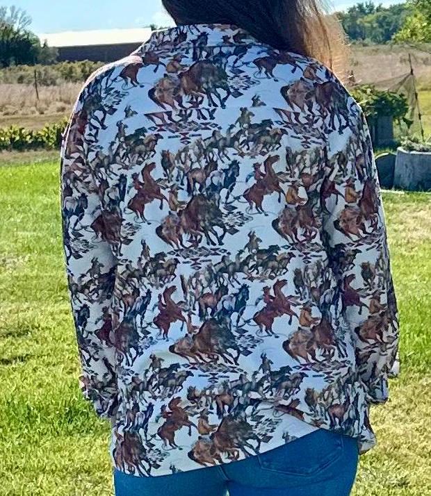 Women's Western Corduroy Cowboy Shirt – Vintage Cowgirl Button-Up. Meet your new favorite go-to piece—the Cowgirl Button-Up Corduroy Shirt! This vintage cowboy print shirt blends classic Western charm with effortless style, making it a must-have for any cowgirl’s wardrobe.
Shirt features an Authentic Cowboy Print – A unique blend of soft brown, cream, and green tones for a true Western vibe.
Corduroy Fabric and is Versatile & Stylish. Ships FREE from MONTANA today!