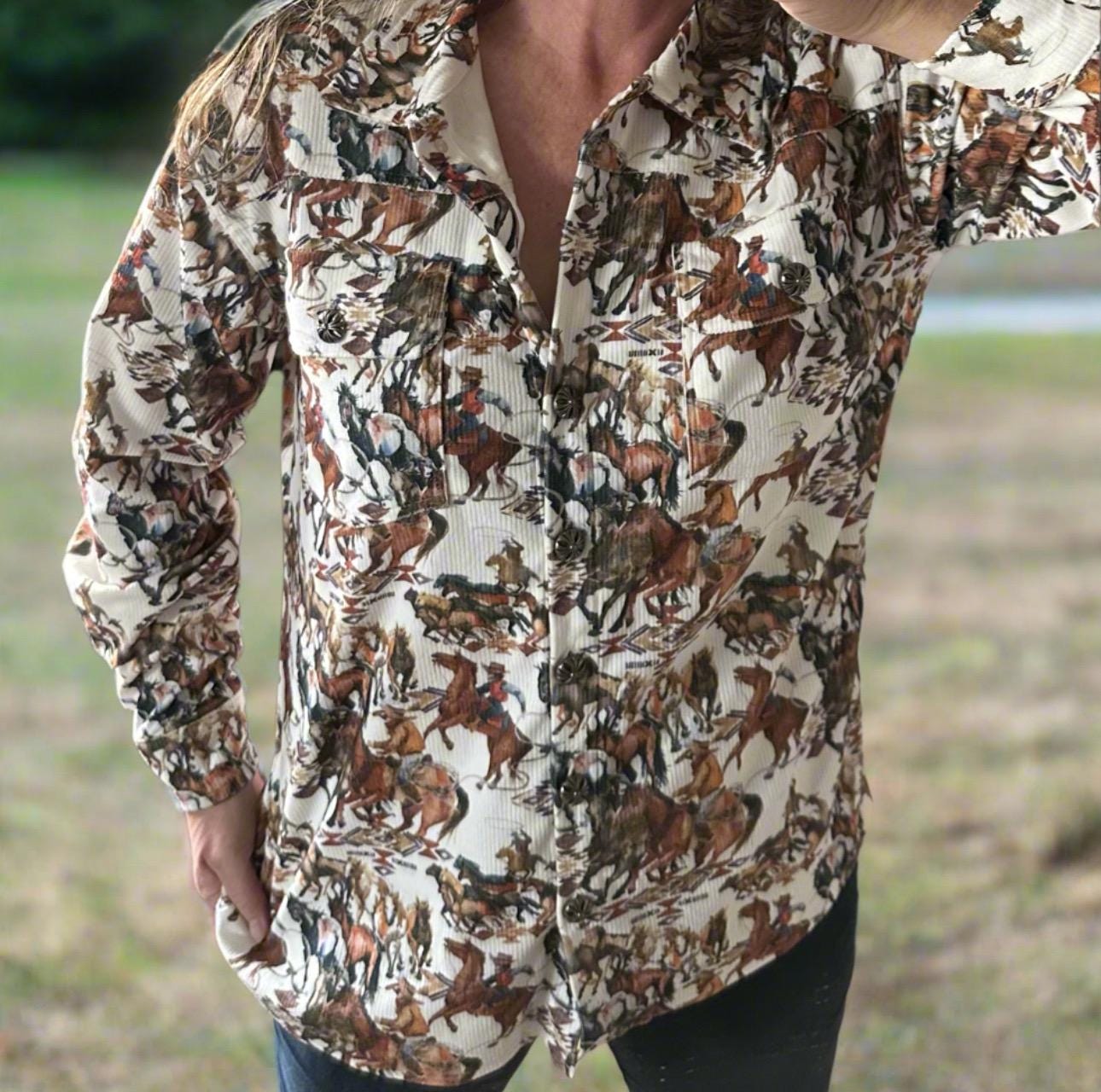 Women's Western Corduroy Cowboy Shirt – Vintage Cowgirl Button-Up. Meet your new favorite go-to piece—the Cowgirl Button-Up Corduroy Shirt! This vintage cowboy print shirt blends classic Western charm with effortless style, making it a must-have for any cowgirl’s wardrobe.
Shirt features an Authentic Cowboy Print – A unique blend of soft brown, cream, and green tones for a true Western vibe.
Corduroy Fabric and is Versatile & Stylish. Ships FREE from MONTANA today!