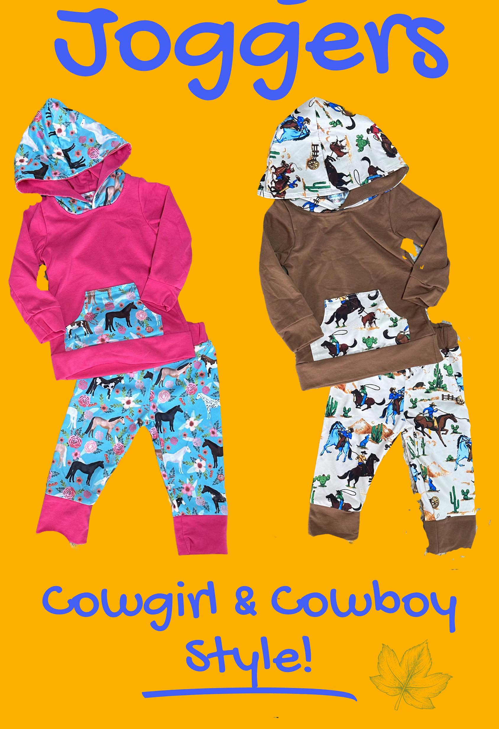 Little Cowboy Outfit. This boys' Western jogger set features a retro cowboy design, soft hoodie with kangaroo pocket, and cozy jogger pants. Made from a comfy cotton/spandex blend. Makes a great Cowboy Baby Shower gift or Cowboy Birthday Outfit.
