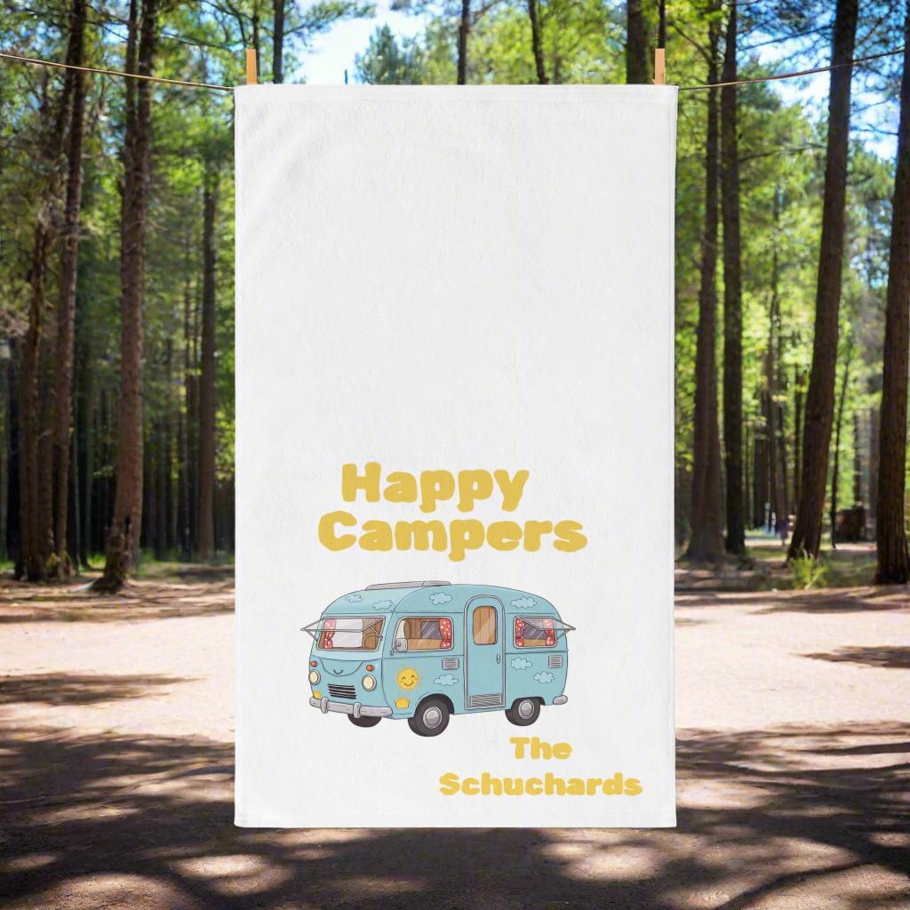 Personalized Happy Campers Hand Towel, Custom Family Name RV Towel, Vintage Camper Kitchen Towel, Camping Decor Gift, -Razels