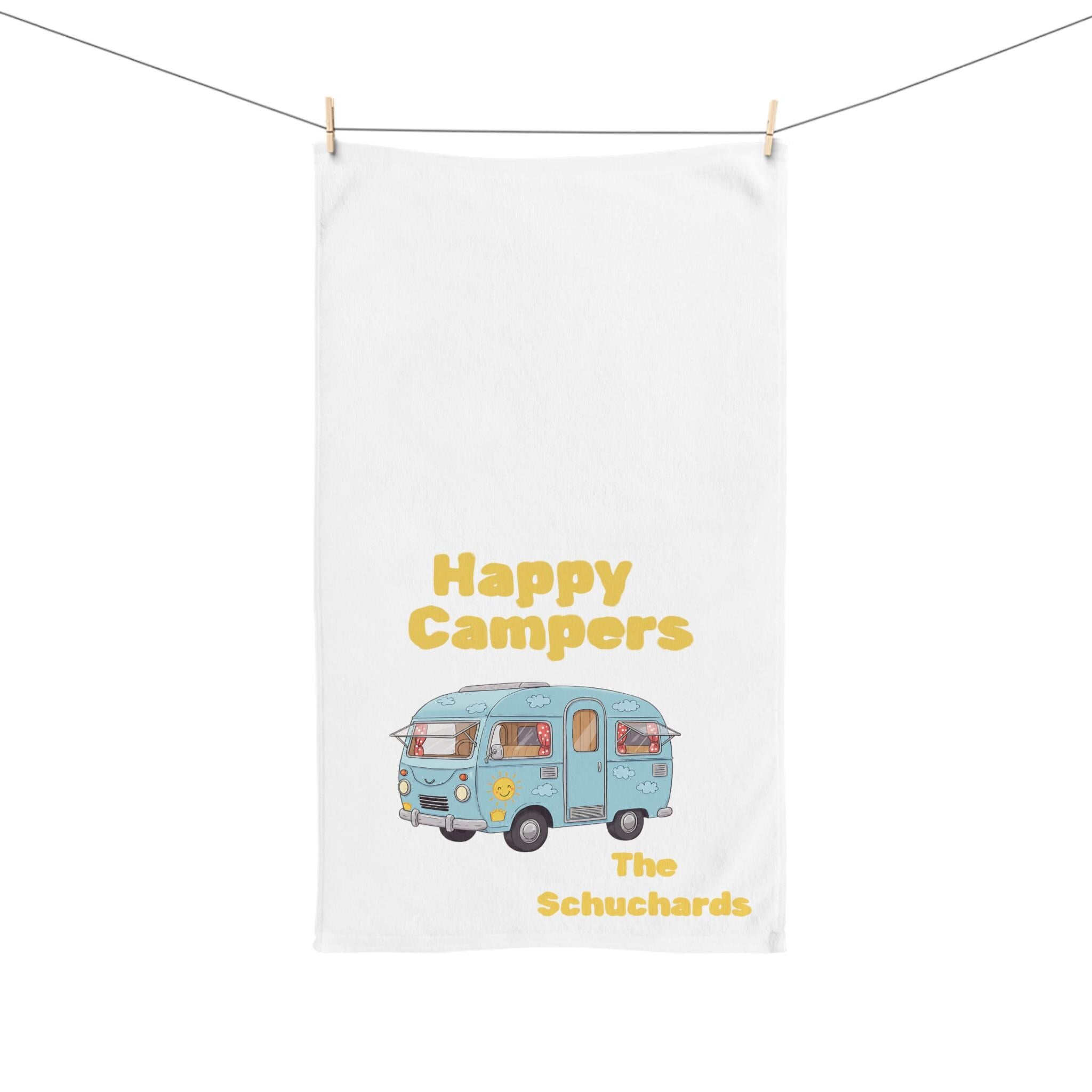 Personalized Happy Campers Hand Towel, Custom Family Name RV Towel, Vintage Camper Kitchen Towel, Camping Decor Gift, -Razels