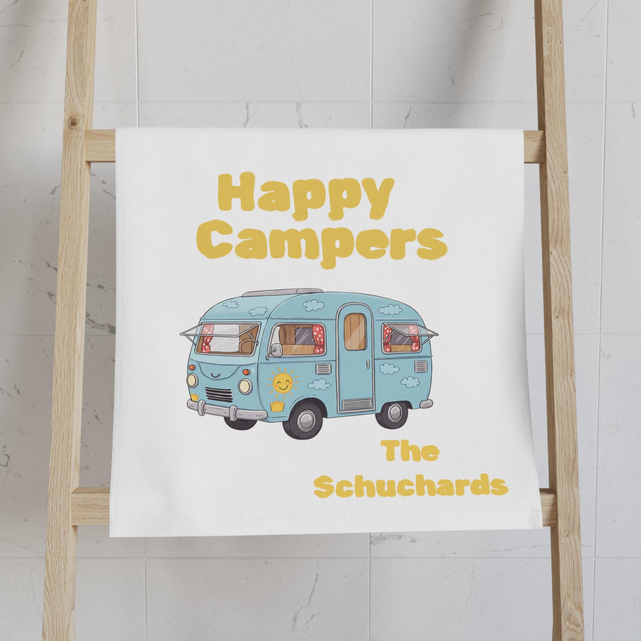 Personalized Happy Campers Hand Towel, Custom Family Name RV Towel, Vintage Camper Kitchen Towel, Camping Decor Gift, -Razels