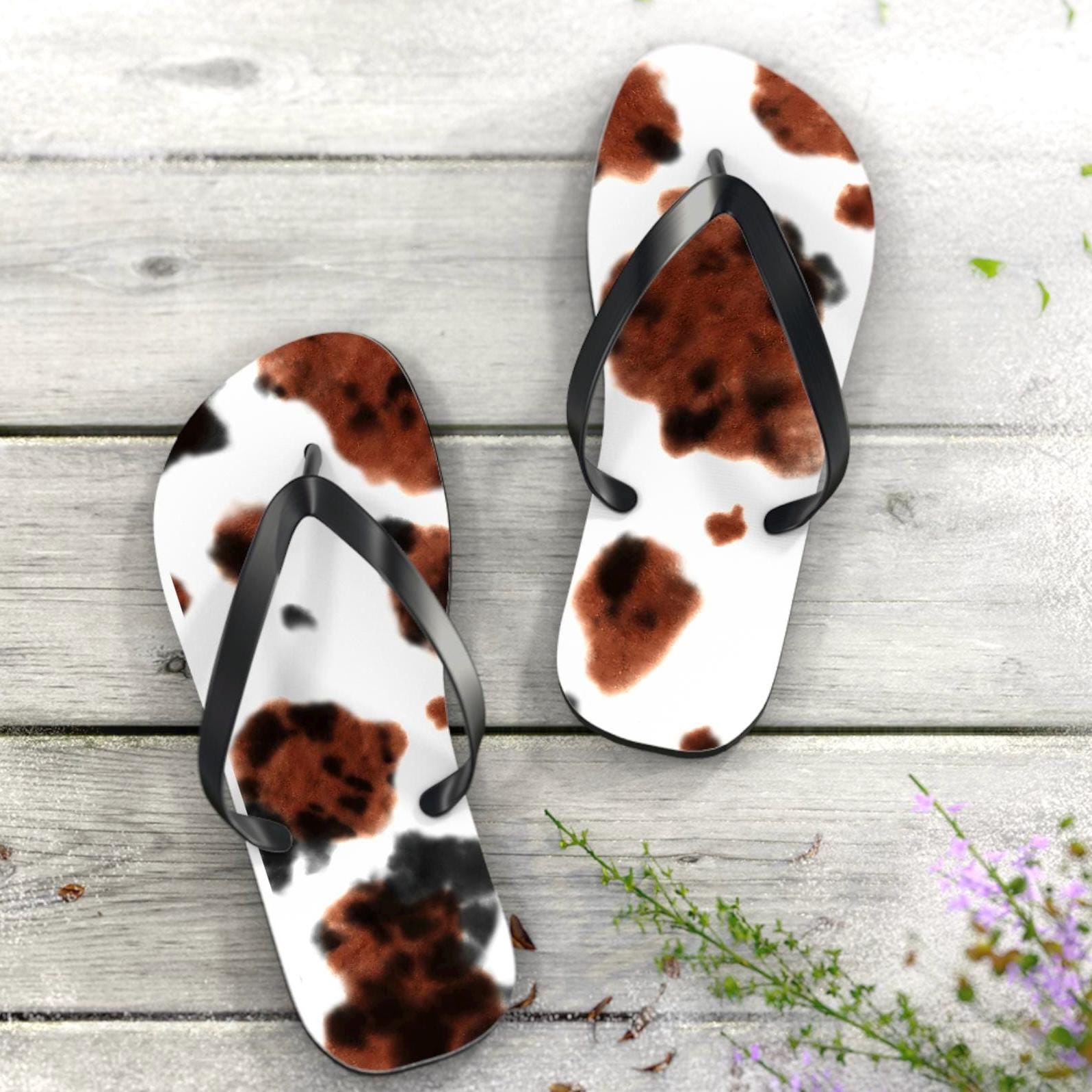 Cow Print Flip Flops, Brindle Cowhide Cowgirl Sandals