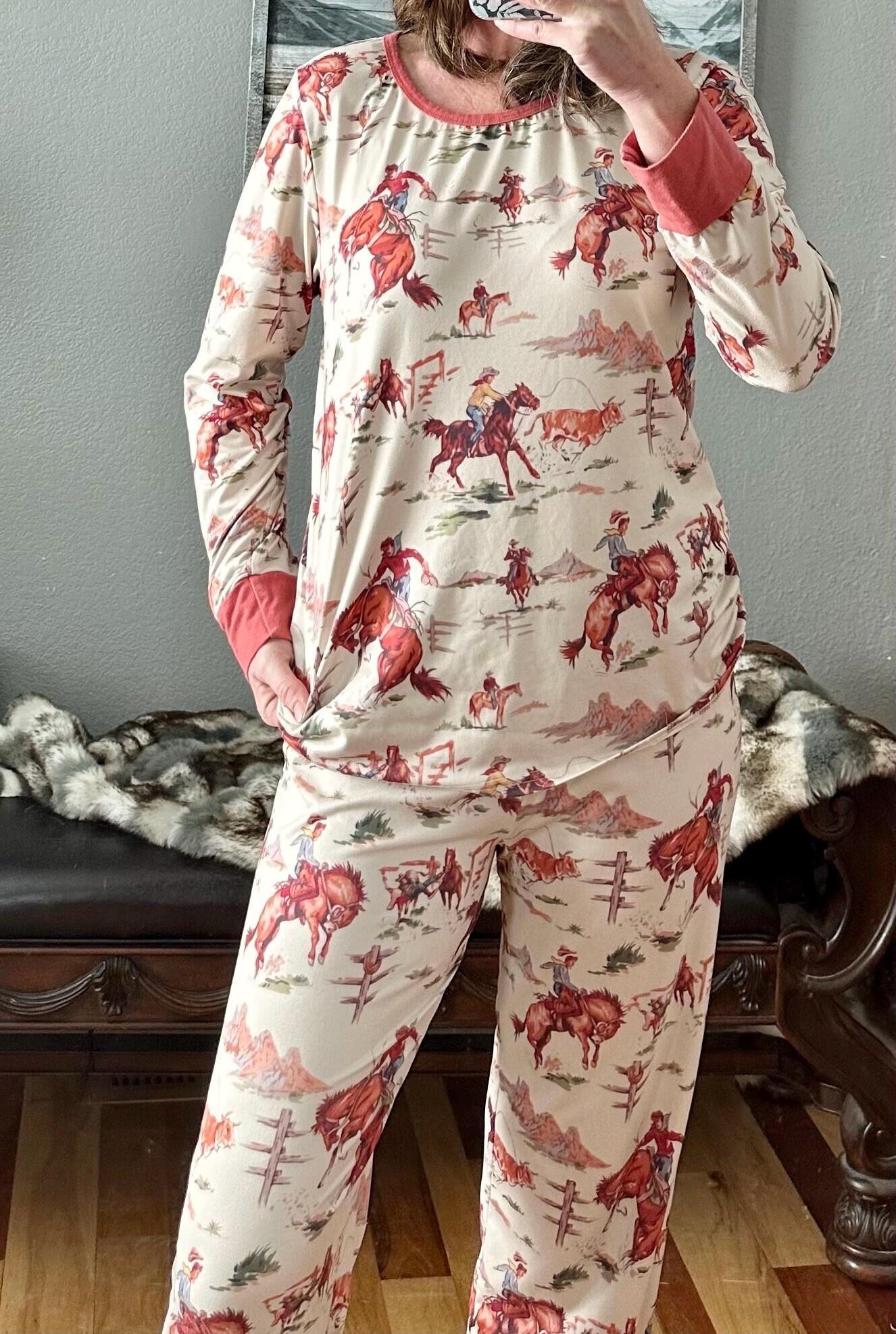 Vintage Cowboy Pajamas – Retro Western Family PJs | Classic Western Print Unisex Pajamas feature Bucking Broncs, Roping Steers, Steer Wrestling and more! These comfortable pjs are available in sizes for the whole family!!