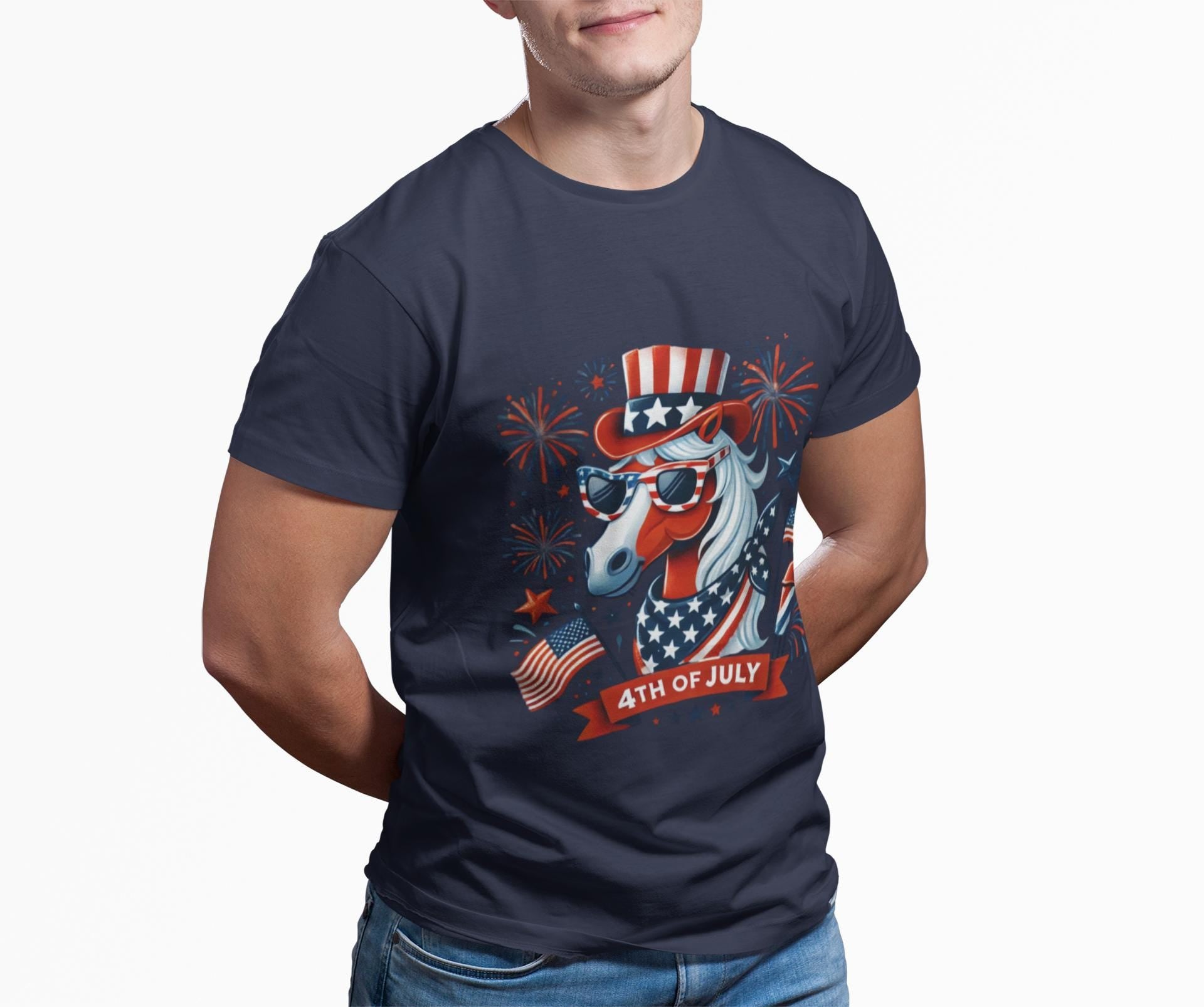Patriotic Horse 4th of July T-Shirt, USA Independence Day Shirt | Unisex Softstyle Tee | Fireworks Uncle Sam Hat Graphic -Razels