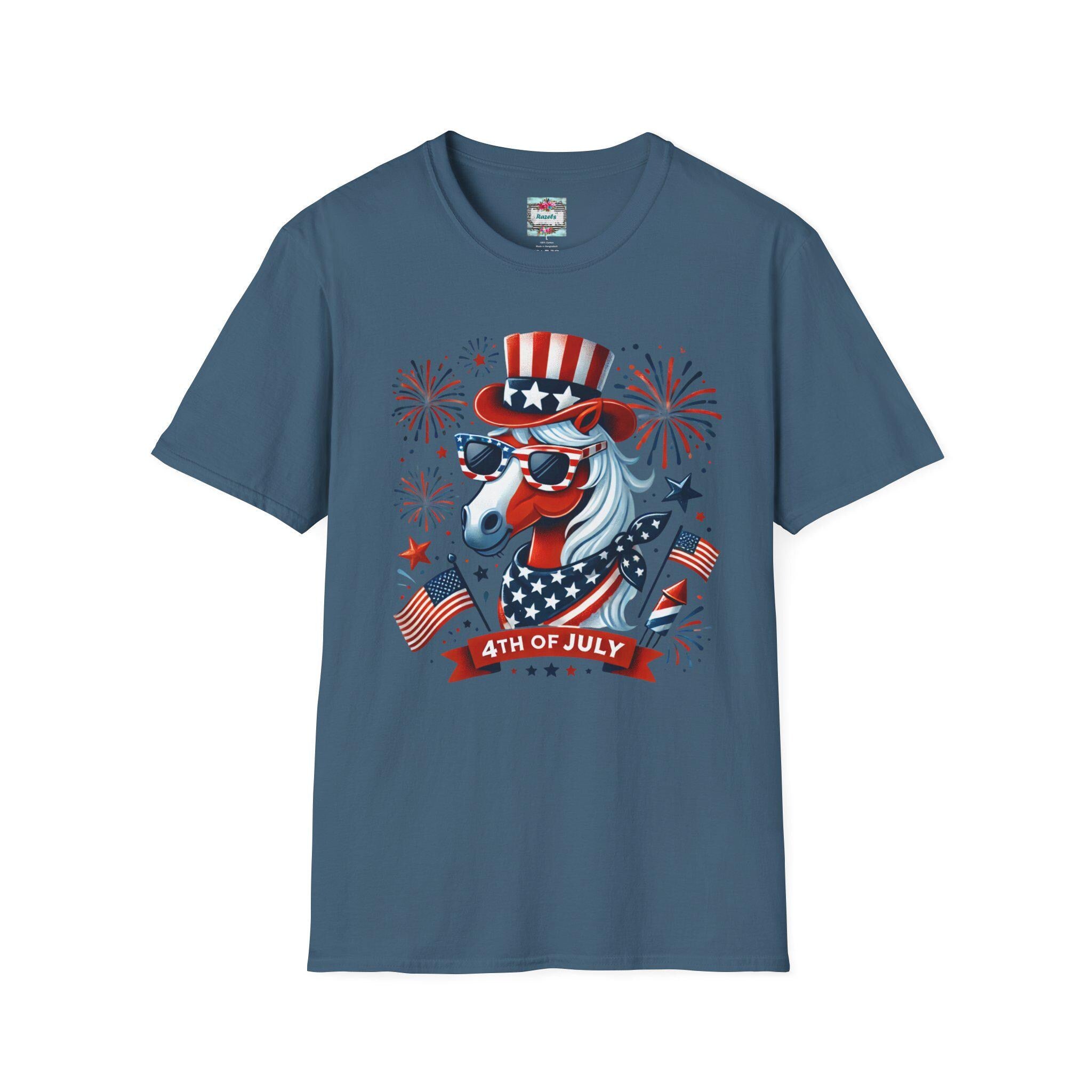 Patriotic Horse 4th of July T-Shirt, USA Independence Day Shirt | Unisex Softstyle Tee | Fireworks Uncle Sam Hat Graphic -Razels