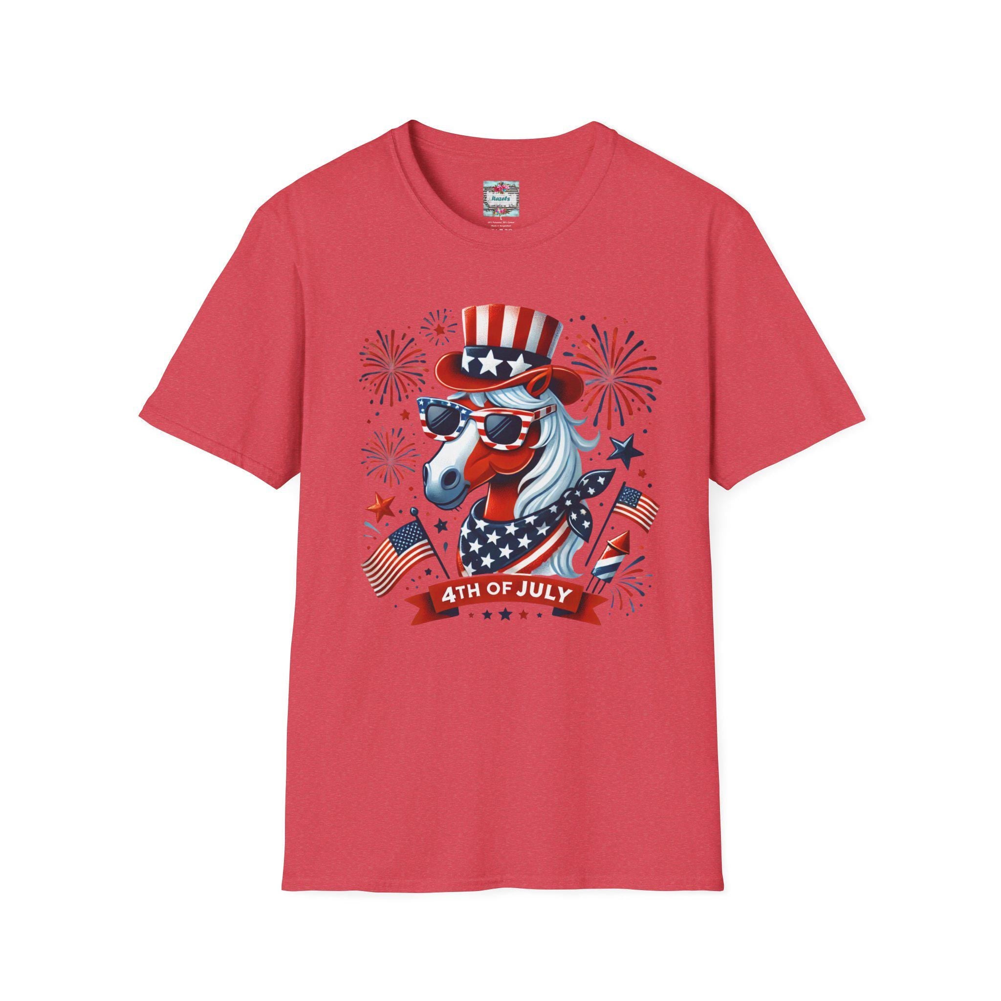 Patriotic Horse 4th of July T-Shirt, USA Independence Day Shirt | Unisex Softstyle Tee | Fireworks Uncle Sam Hat Graphic -Razels