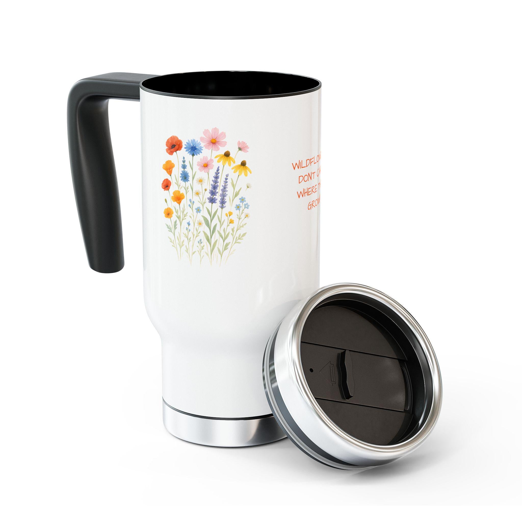 Wildflower Travel Mug, Floral Stainless Steel Coffee Cup, Custom Name or Quote, Camping Gift