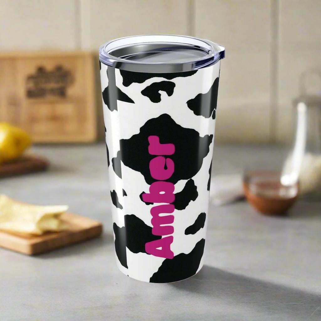 Black and White PERSONALIZED NAME Cow Print Tumbler, 20oz Stainless Steel Travel Mug -Razels