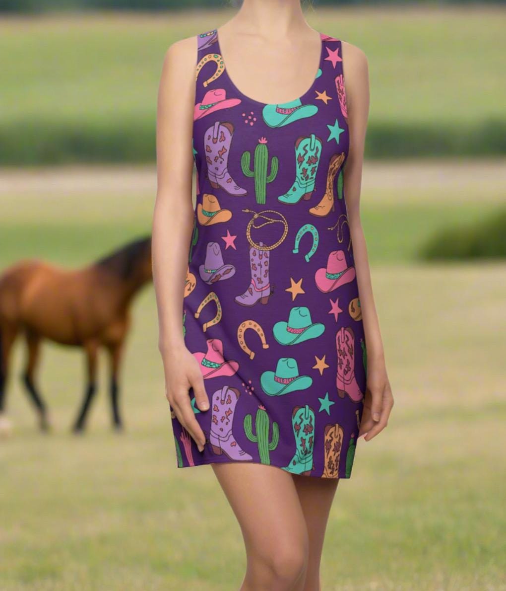 Western Cowgirl Racerback Dress, Purple Summer Cowgirl Dress, Casual Summer Dress, Cowgirl Beach Coverup -Razels