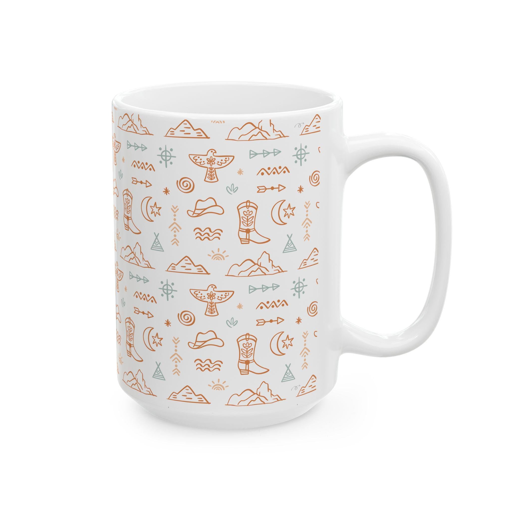 Western Motif Cowgirl Ceramic Mug 11oz or 15oz, Coffee Cup with Stars & Thunderbirds, Cowgirl Gift, Western Coffee Cup -Razels