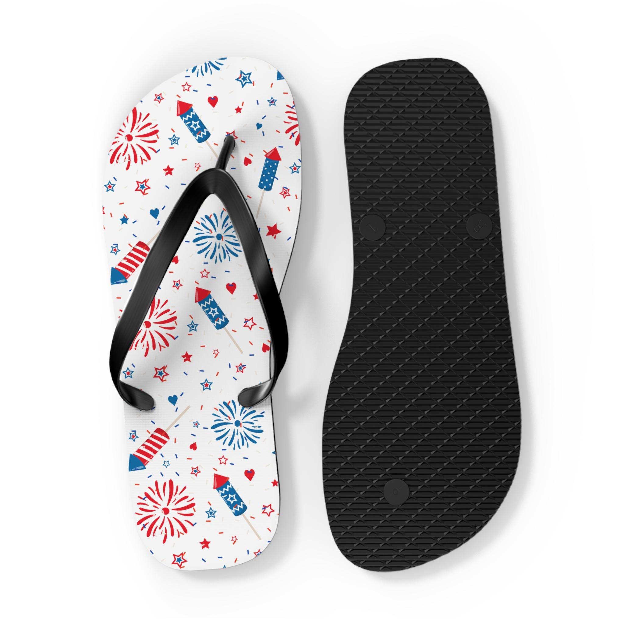 Patriotic Flip Flops Fireworks, Stars Hearts July 4th Sandals | Red White & Blue Summer Shoes -Razels