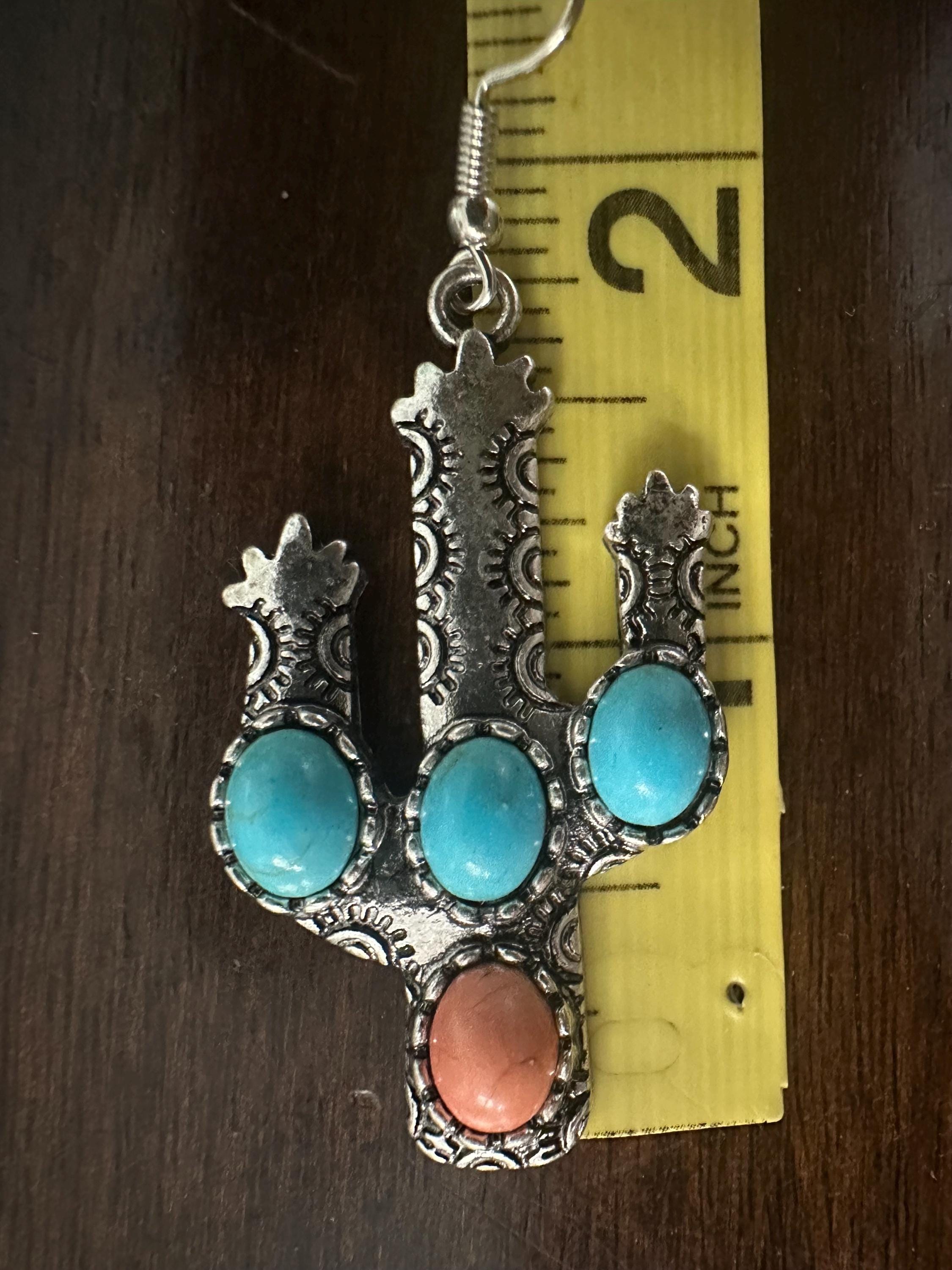 Turquoise & Coral Cactus Earrings: Southwestern Cowgirl Jewelry -Razels