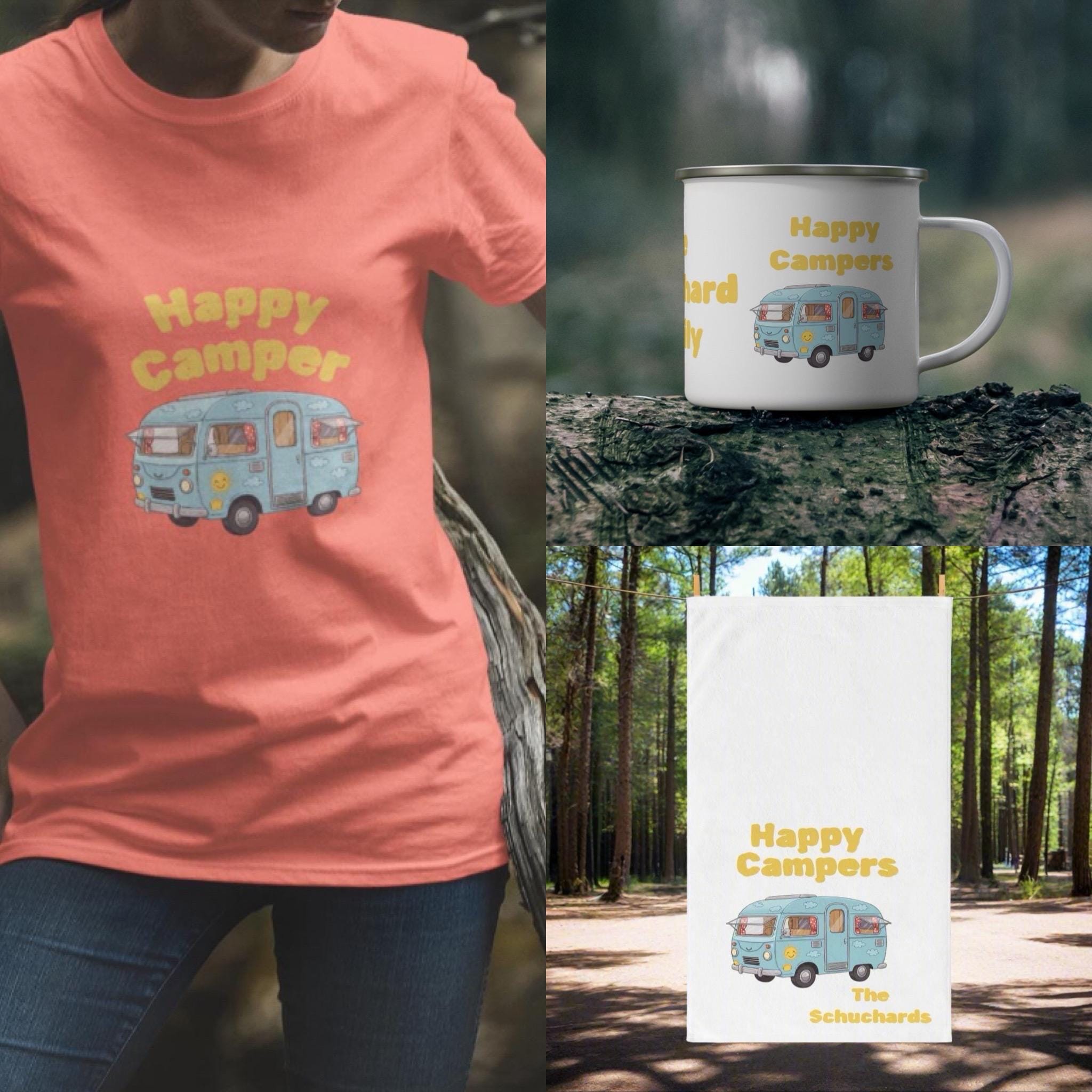 Personalized Happy Campers Hand Towel, Custom Family Name RV Towel, Vintage Camper Kitchen Towel, Camping Decor Gift, -Razels