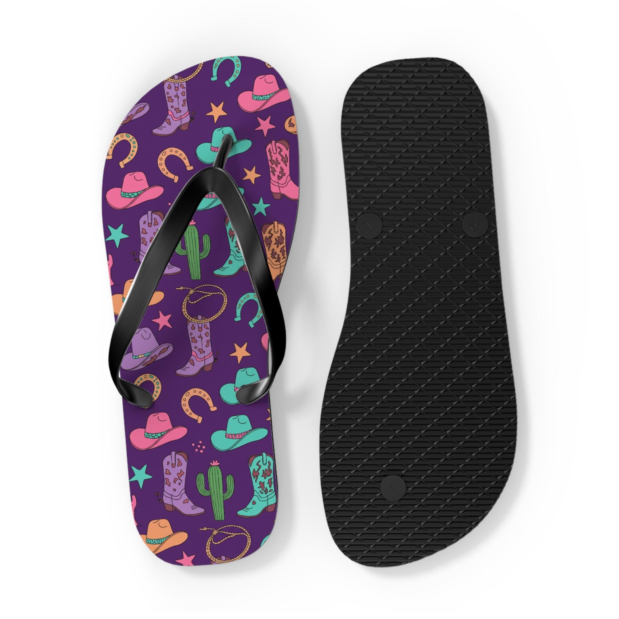 Cowgirl Flip Flops, Purple Sandals, Western Motif, Western Flip Flops, Western Slip On Sandals -Razels
