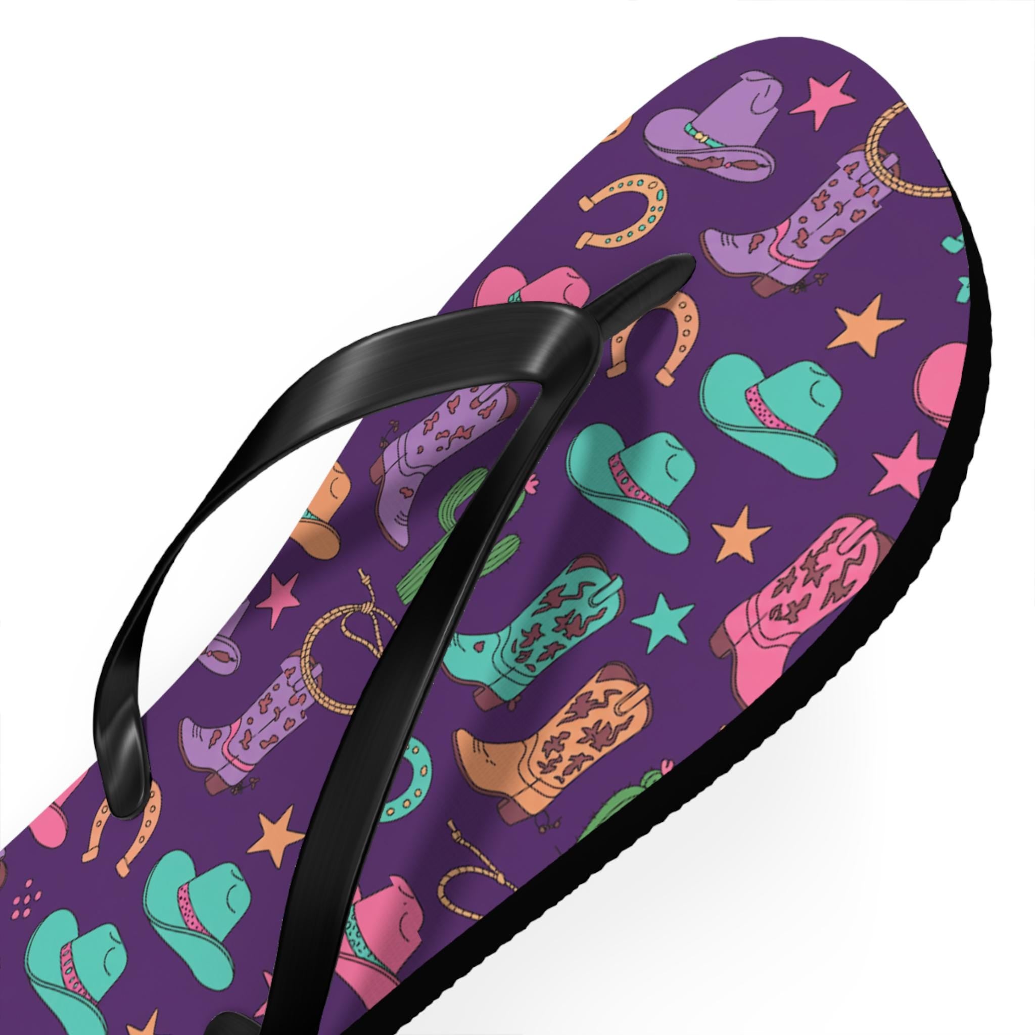 Cowgirl Flip Flops, Purple Sandals, Western Motif, Western Flip Flops, Western Slip On Sandals -Razels