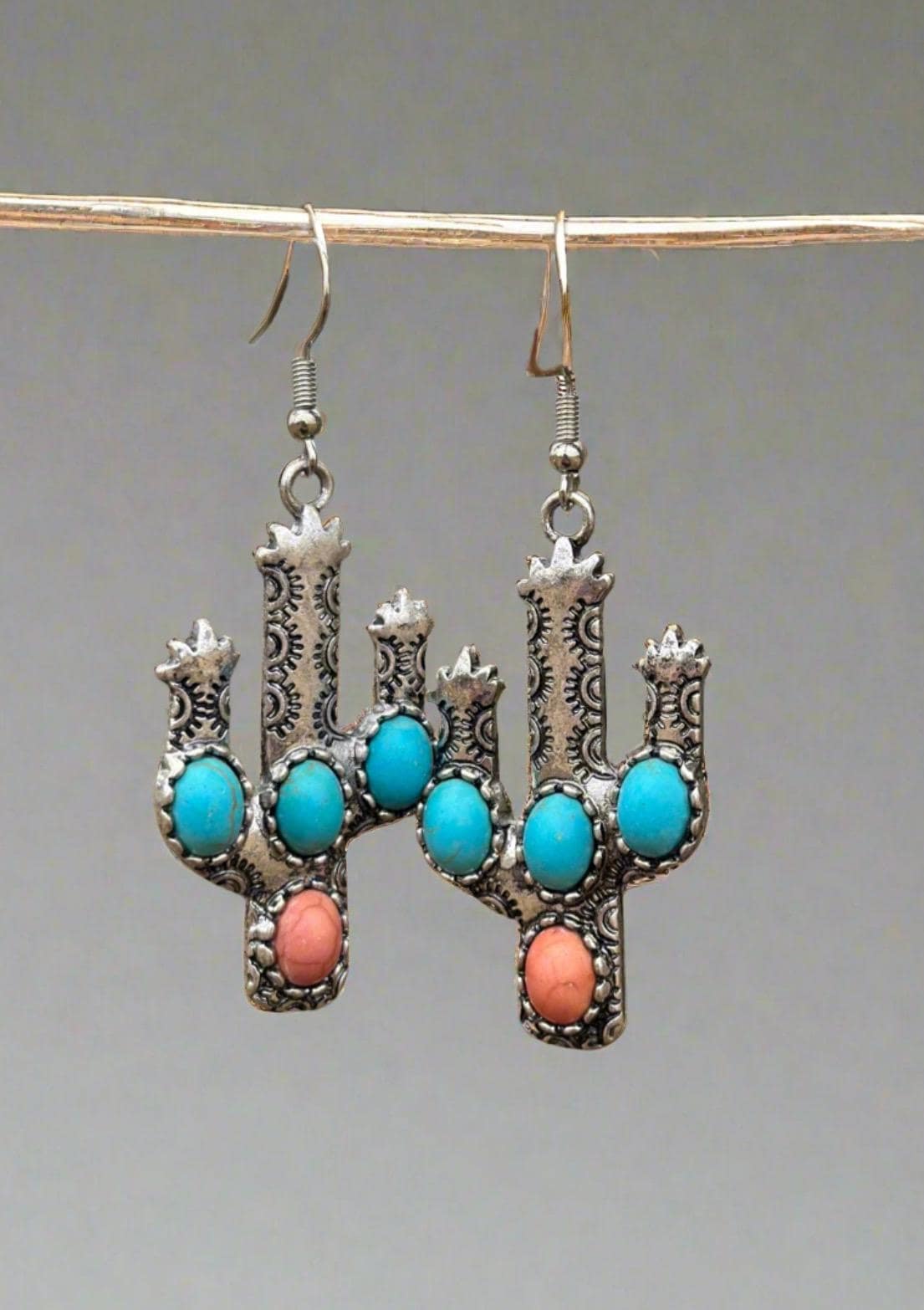 Turquoise & Coral Cactus Earrings: Southwestern Cowgirl Jewelry -Razels