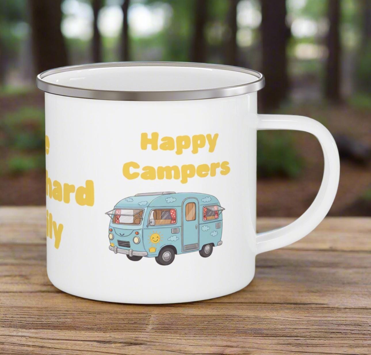 Personalized Happy Campers Enamel Mug, Custom Name Camping Mug, RV Camper Coffee Cup, Outdoor Gift for Camper, Family Matching Campfire Mugf -Razels
